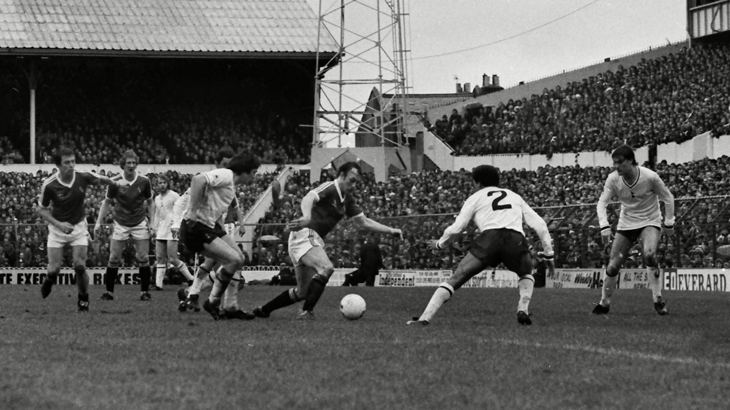 A black and white image of Exeter City v Tottenham in 1981