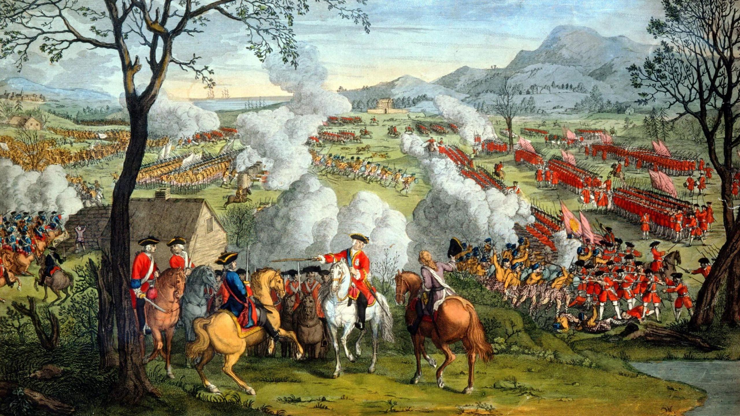 The painting shows government officers in red coats on horseback. Behind them smoke rises from cannon and gun fire from rows of opposing troops. 