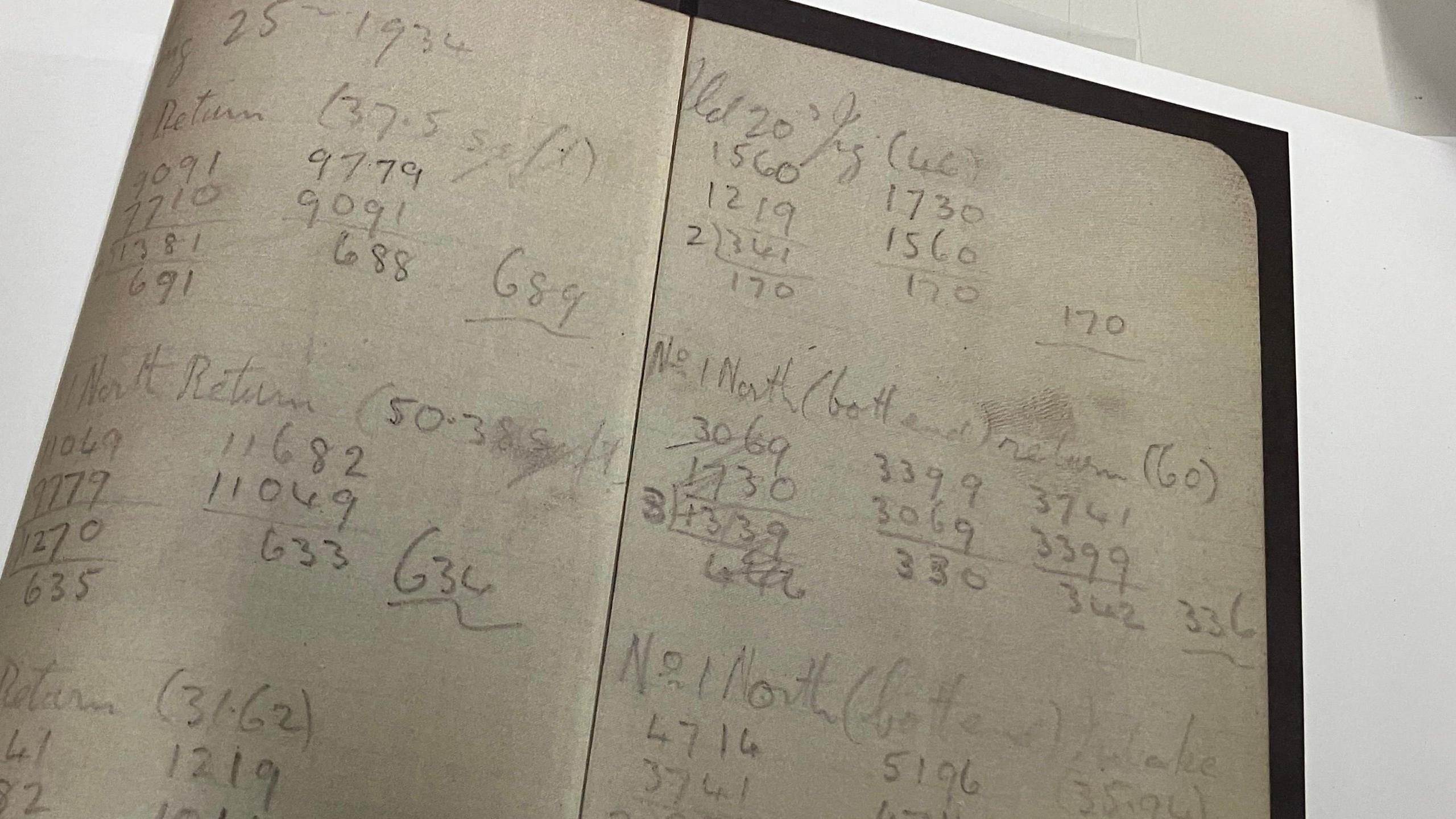 A notebook opened showing air quality readings from August 1934 but the  figures have been falsified