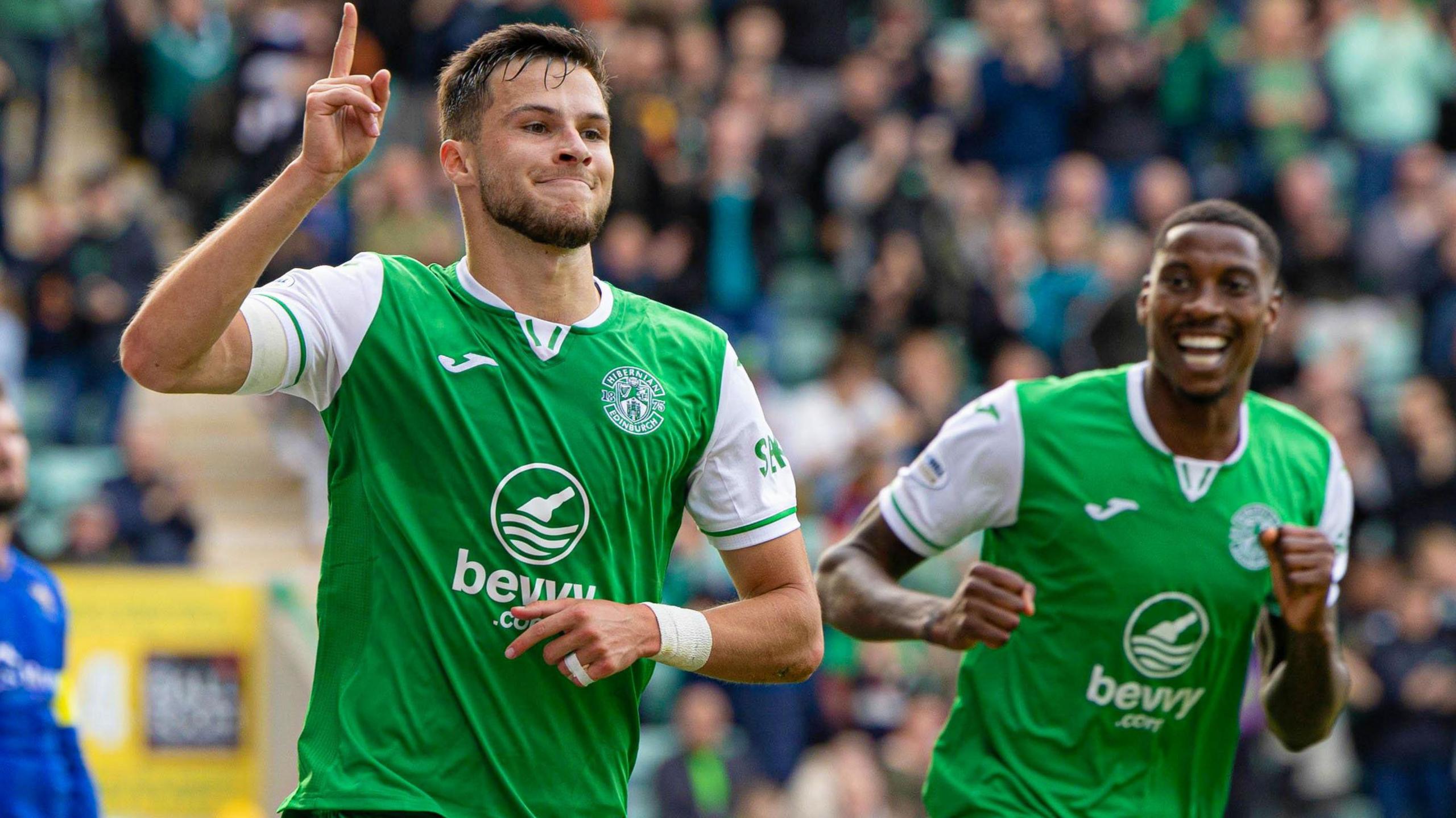 Hibs' Mykola Kuharevich celebrates scoring to make it 1-0 during a William Hill Premiership match between Hibernian and St Johnstone at Easter Road