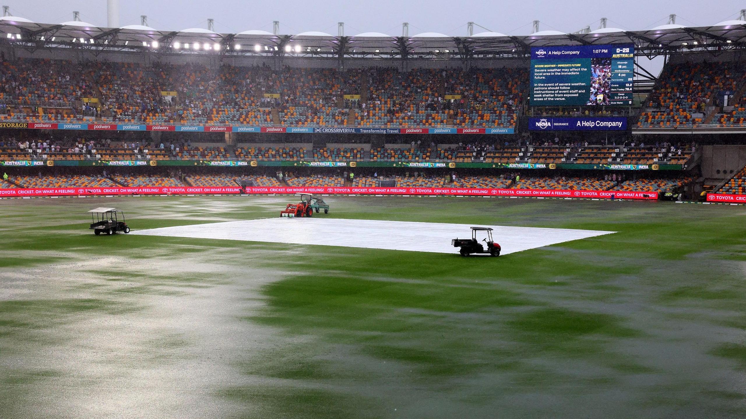 The Gabba with the covers over the pitch and square