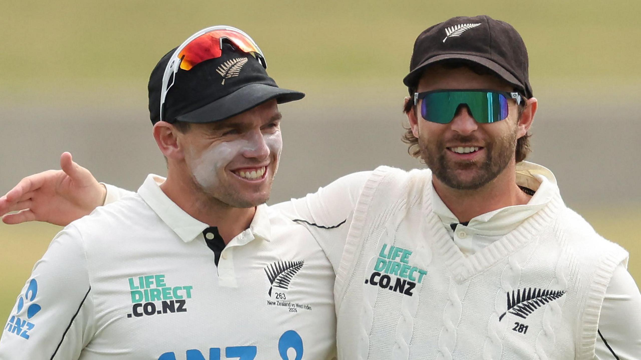 New Zealand openers Tom Latham and Devon Conway celebrate after their team's win against New Zealand