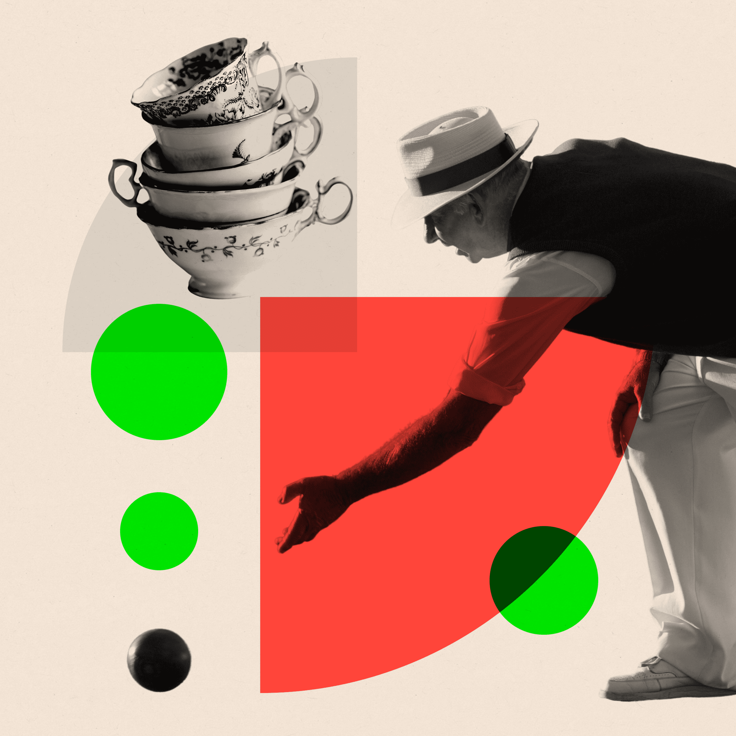 Montage showing a man playing bowls and stack ofteacups