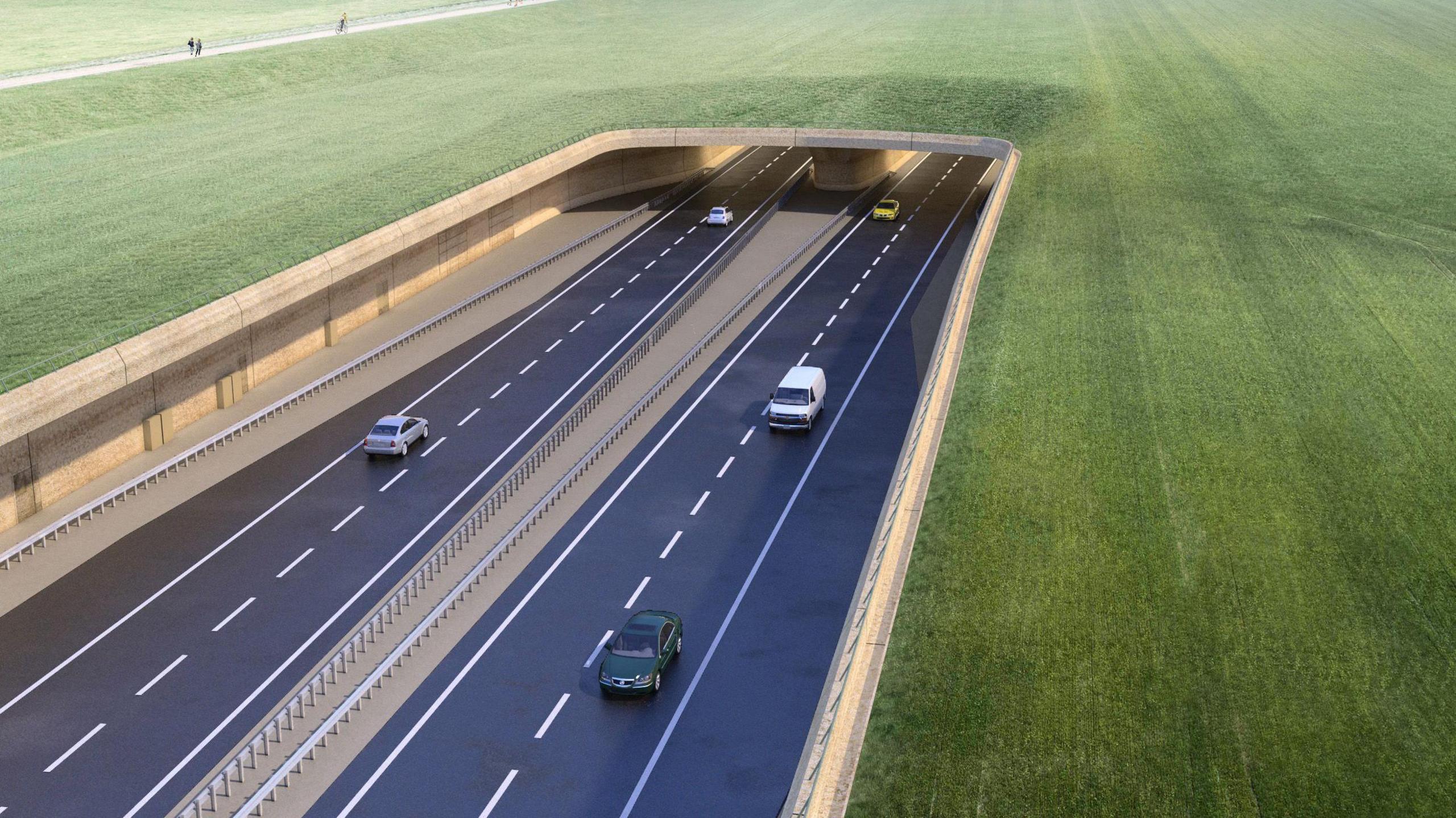 Visualisation of the proposed A303 Tunnel West portal approach, released as part of the A303 Stonehenge (Amesbury to Berwick Down) project.