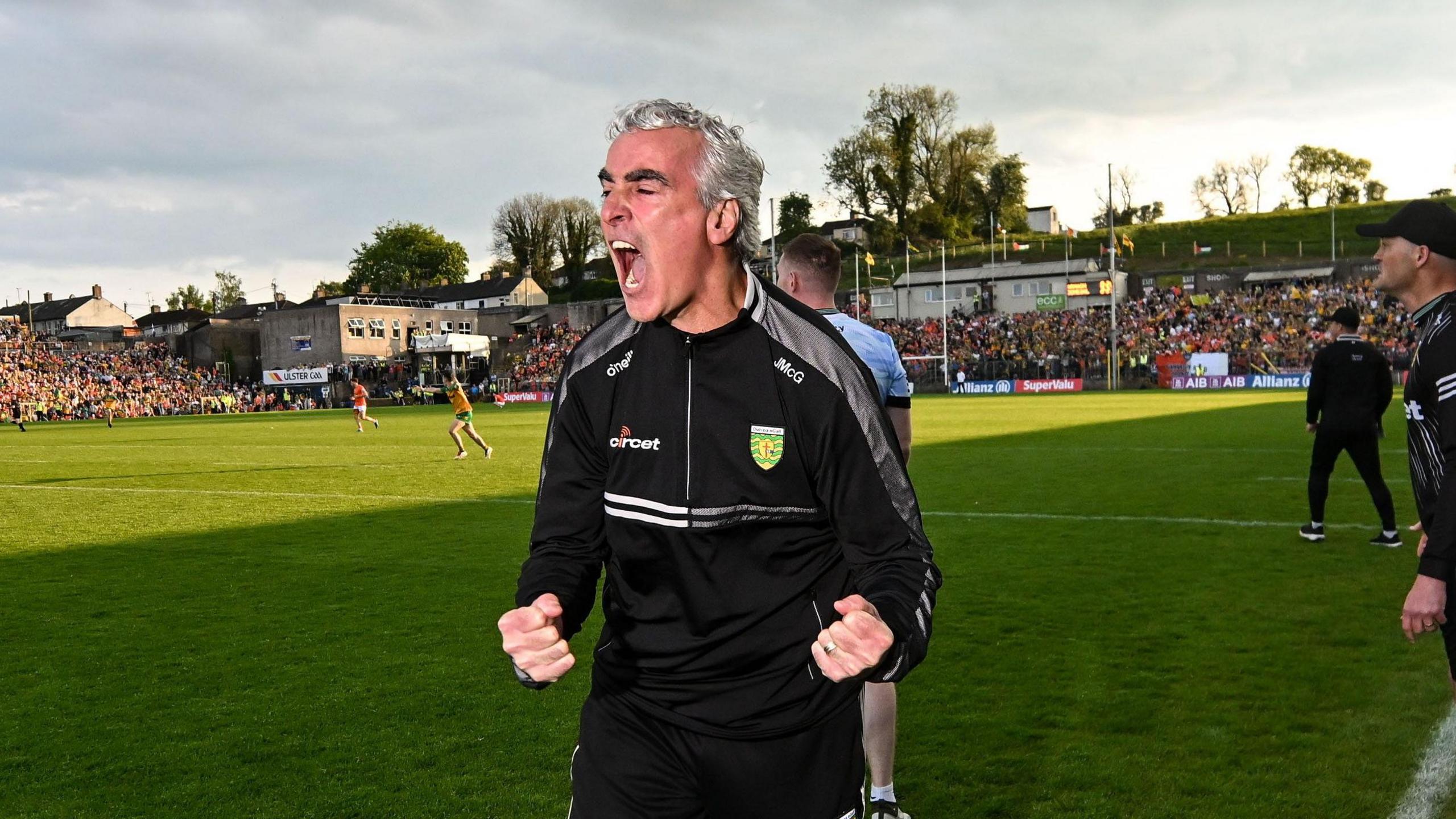Jim McGuinness celebrates Donegal's Ulster triumph
