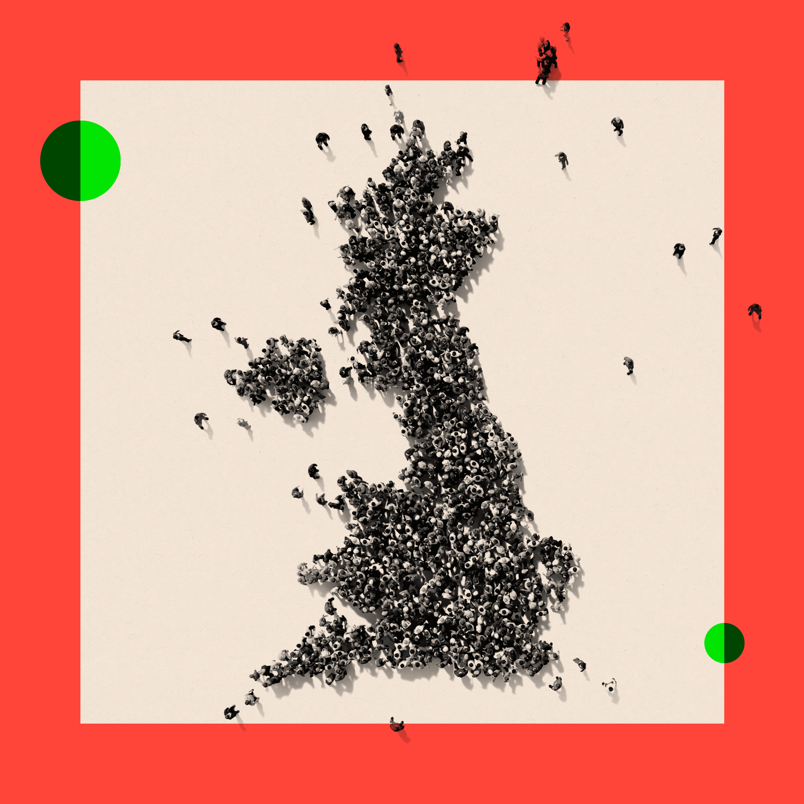 A treated image of the British isles, filled with people.