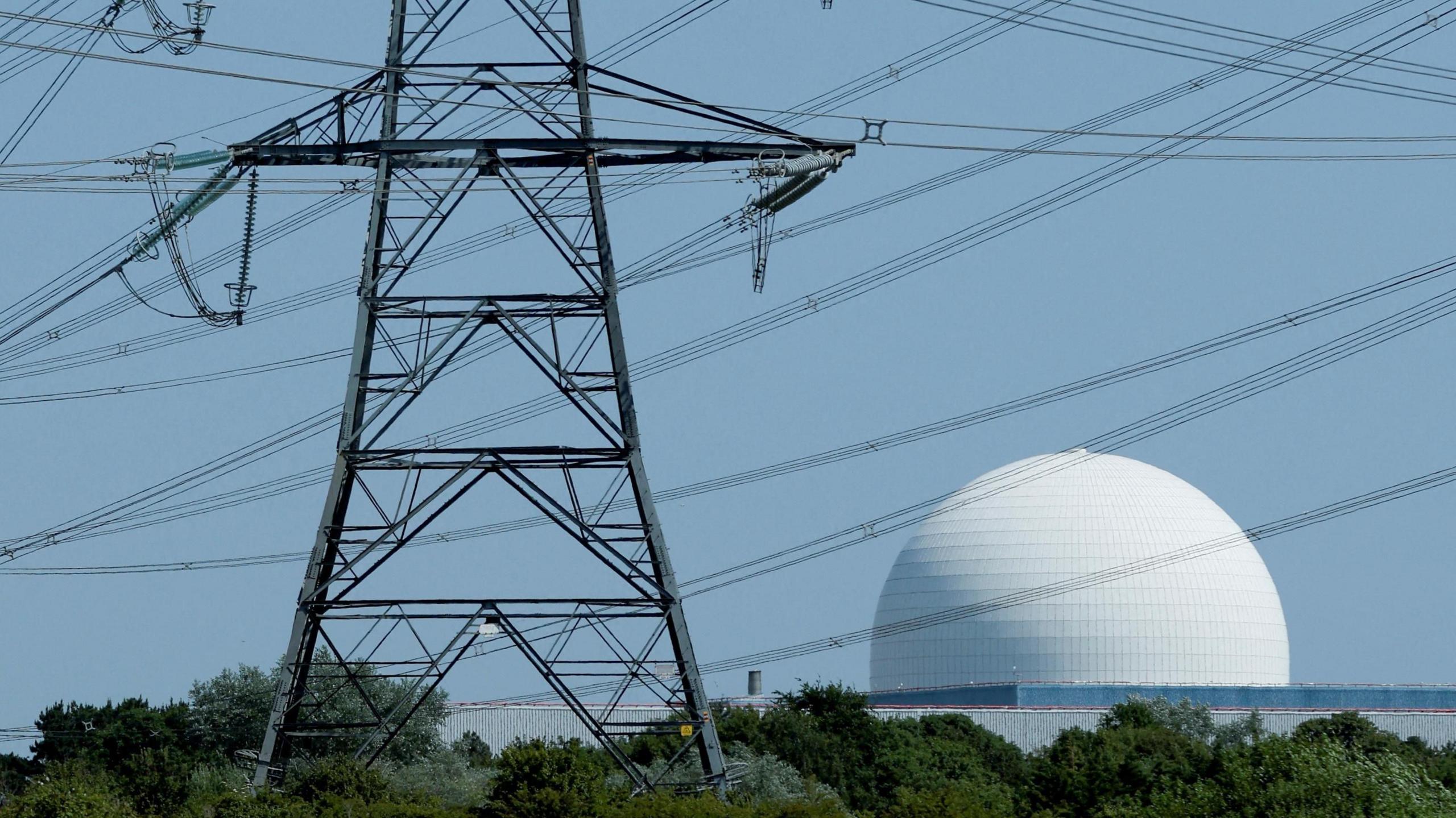 The white dome of Sizewell B nuclear power station with energy pylons in the foreground