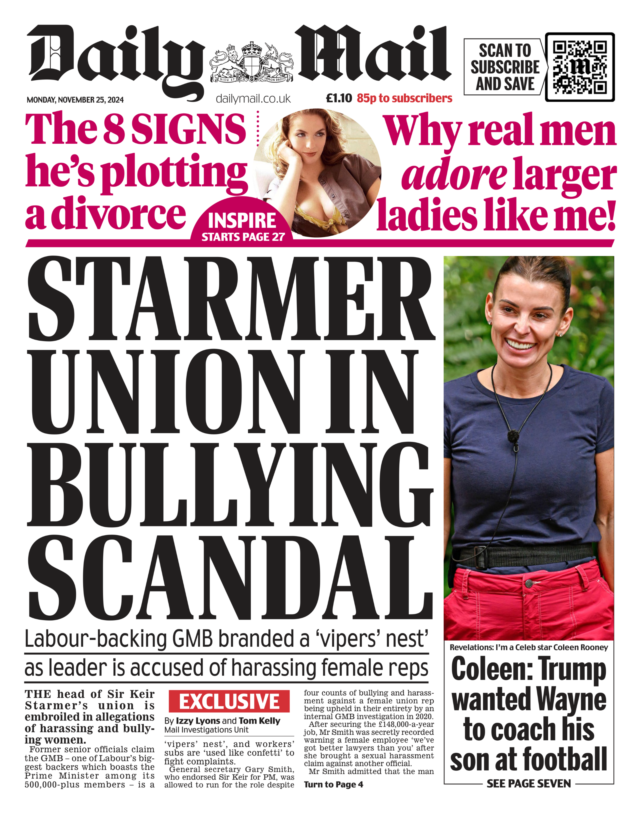 Daily Mail front page with headline "Starmer in union bullying scandal"