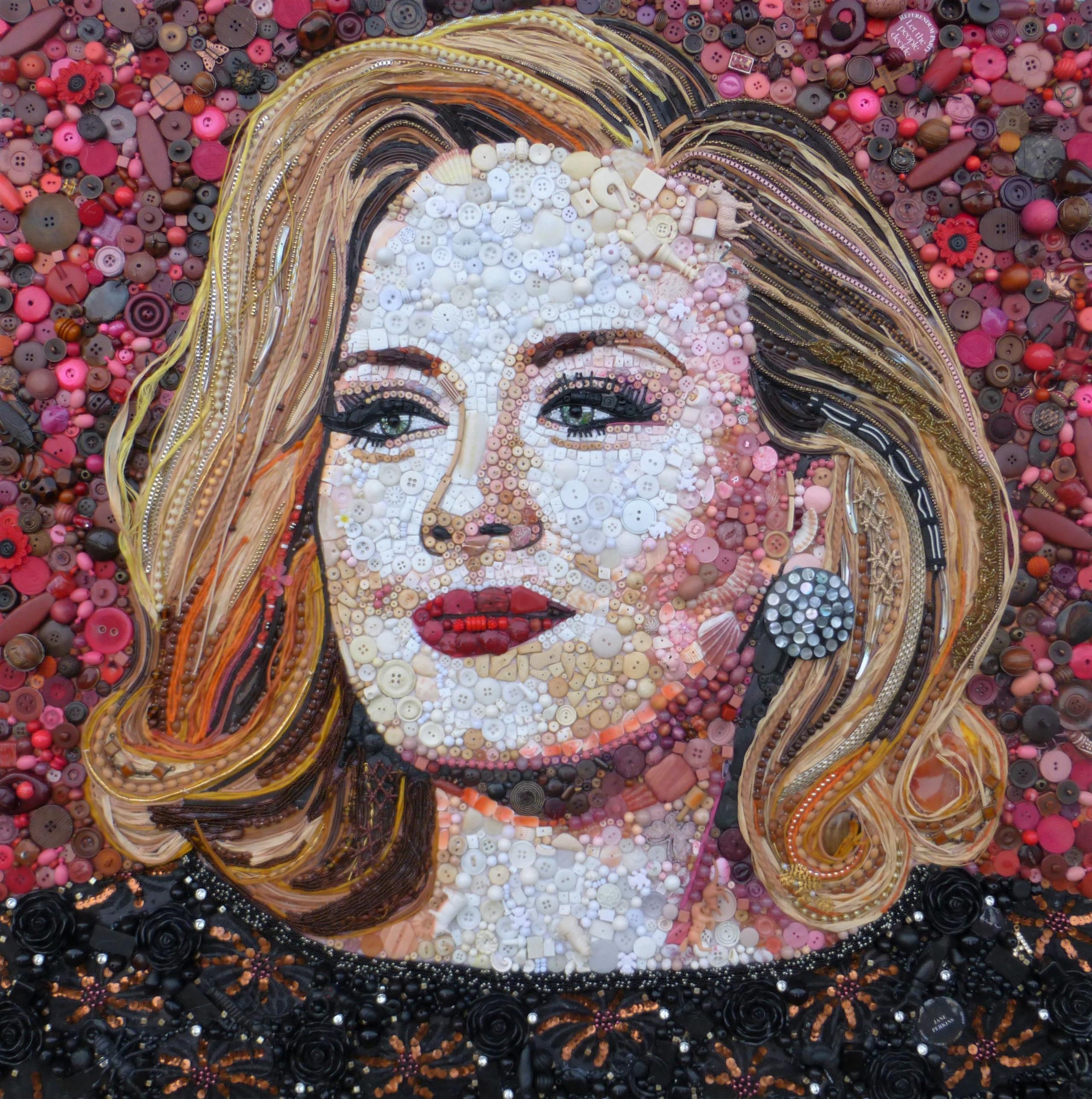 The singer Adele smiles out from a rich red background. Jane has depicted her in a sparkly dress. Bits of jewellery form an earring and beads are used to define her hair.