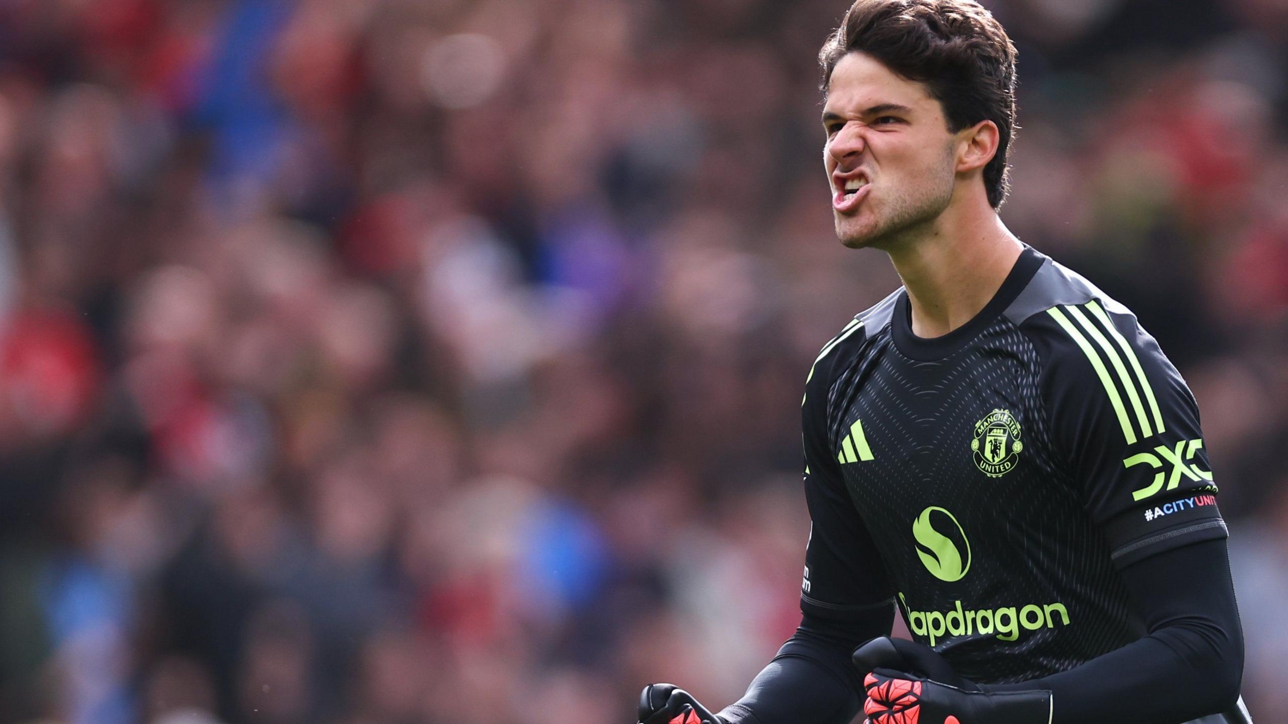 Senne Lammens reacts to keeping Manchester United's first clean sheet of the season in the victory against Sunderland