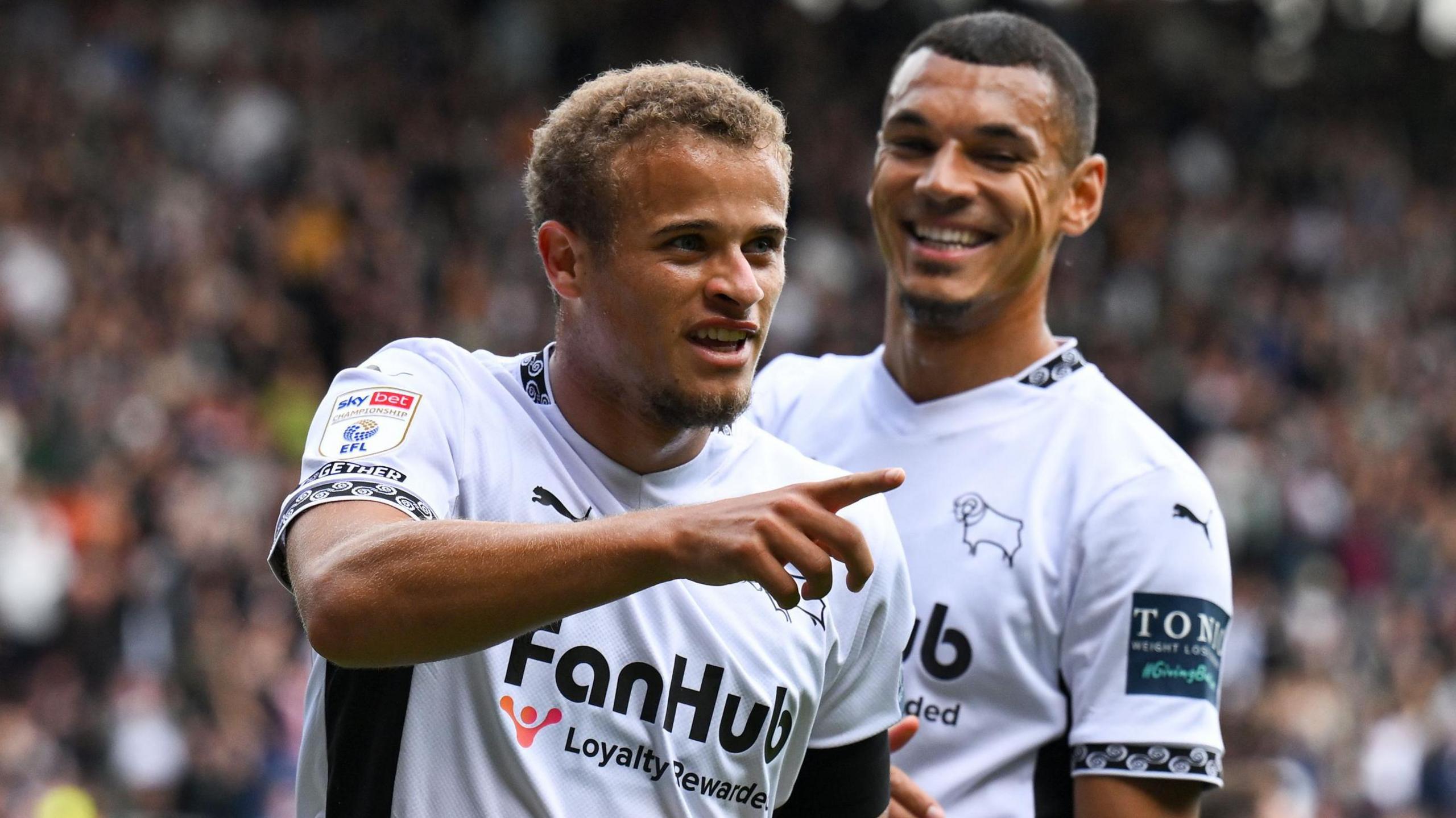 Kenzo Goudmijn of Derby County celebrates scoring 