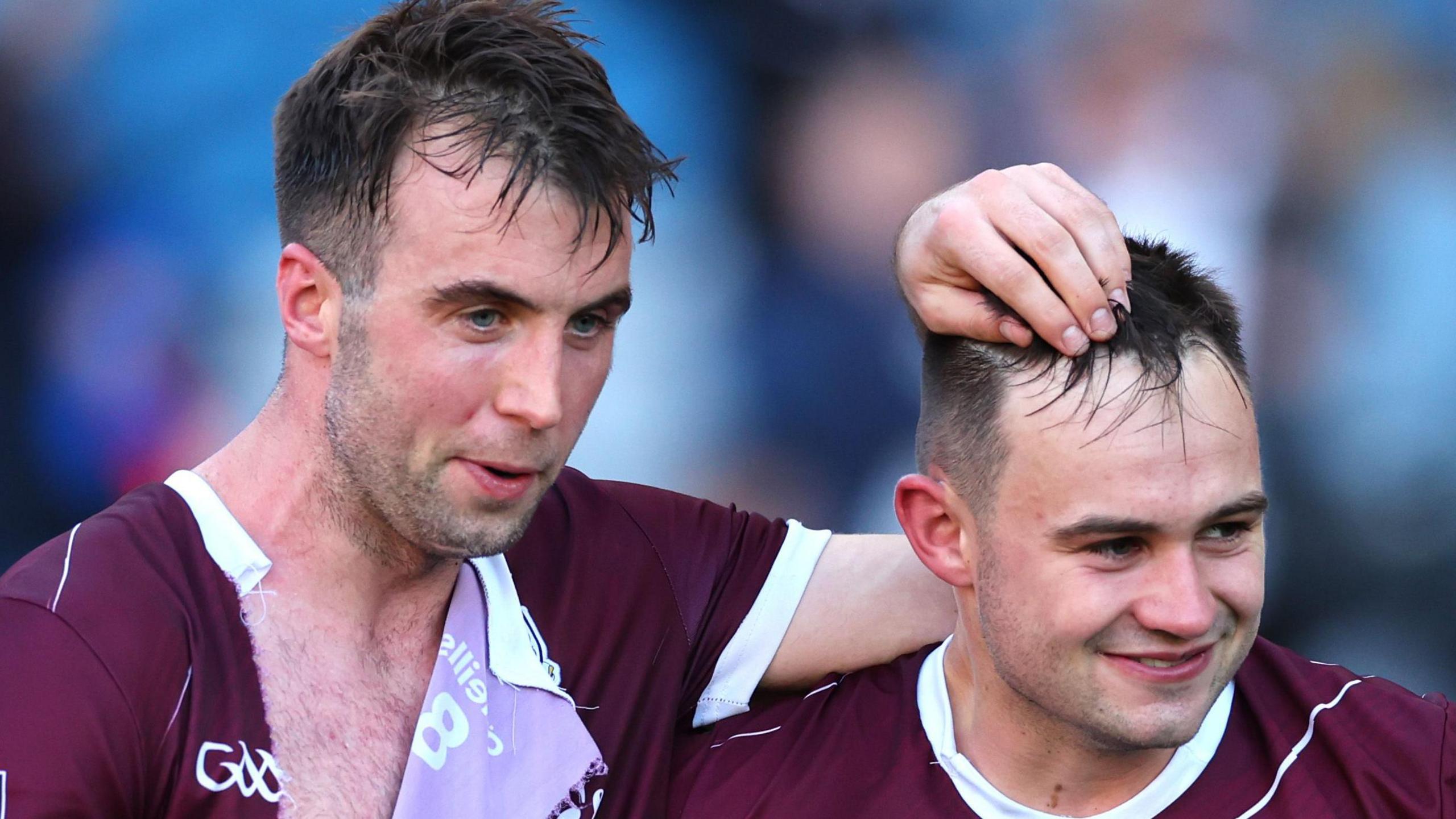 Galway duo Paul Conroy and Cillian McDaid celebrate after beating Dublin