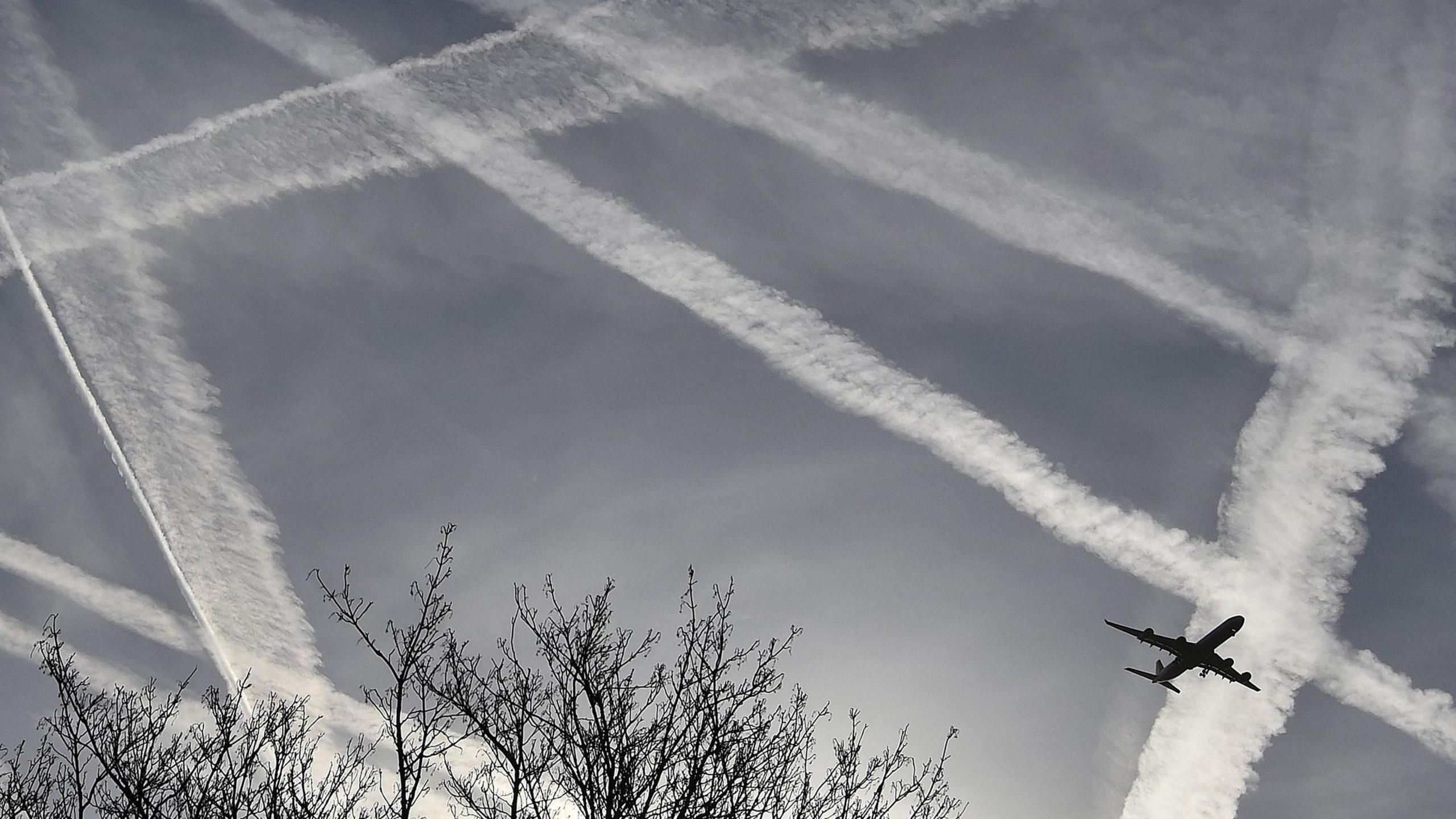 A jet plane flying against a grid of contrails, white plumes of cloud caused by aircraft, on a grey sky, with leafless tree branches appearing in black silhouette at the bottom left of the image