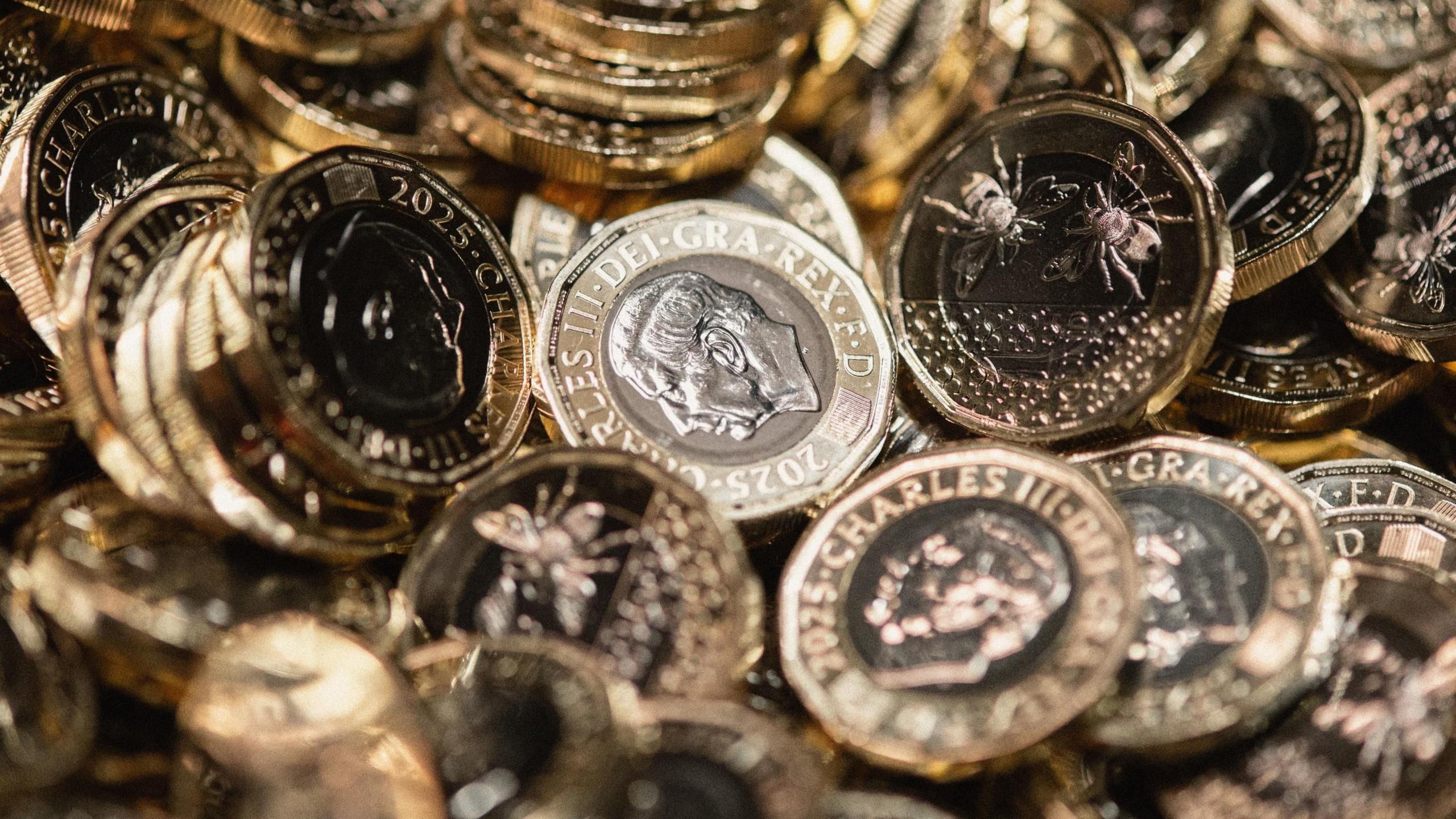 A pile of shiny freshly-minted £1 coins which bear the face of King Charles III on one side, and bees on the other 