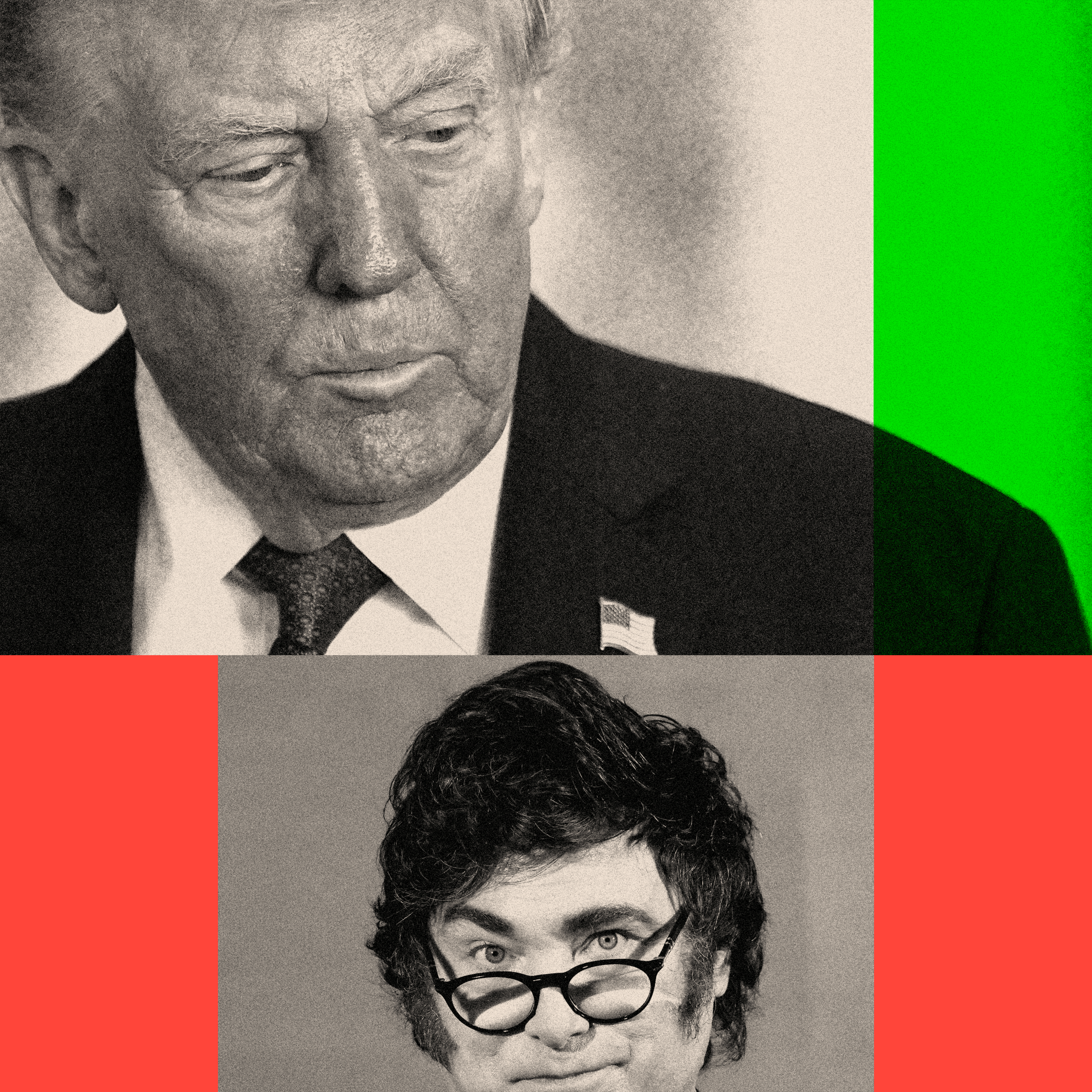 Collage of Donald Trump above Javier Milei