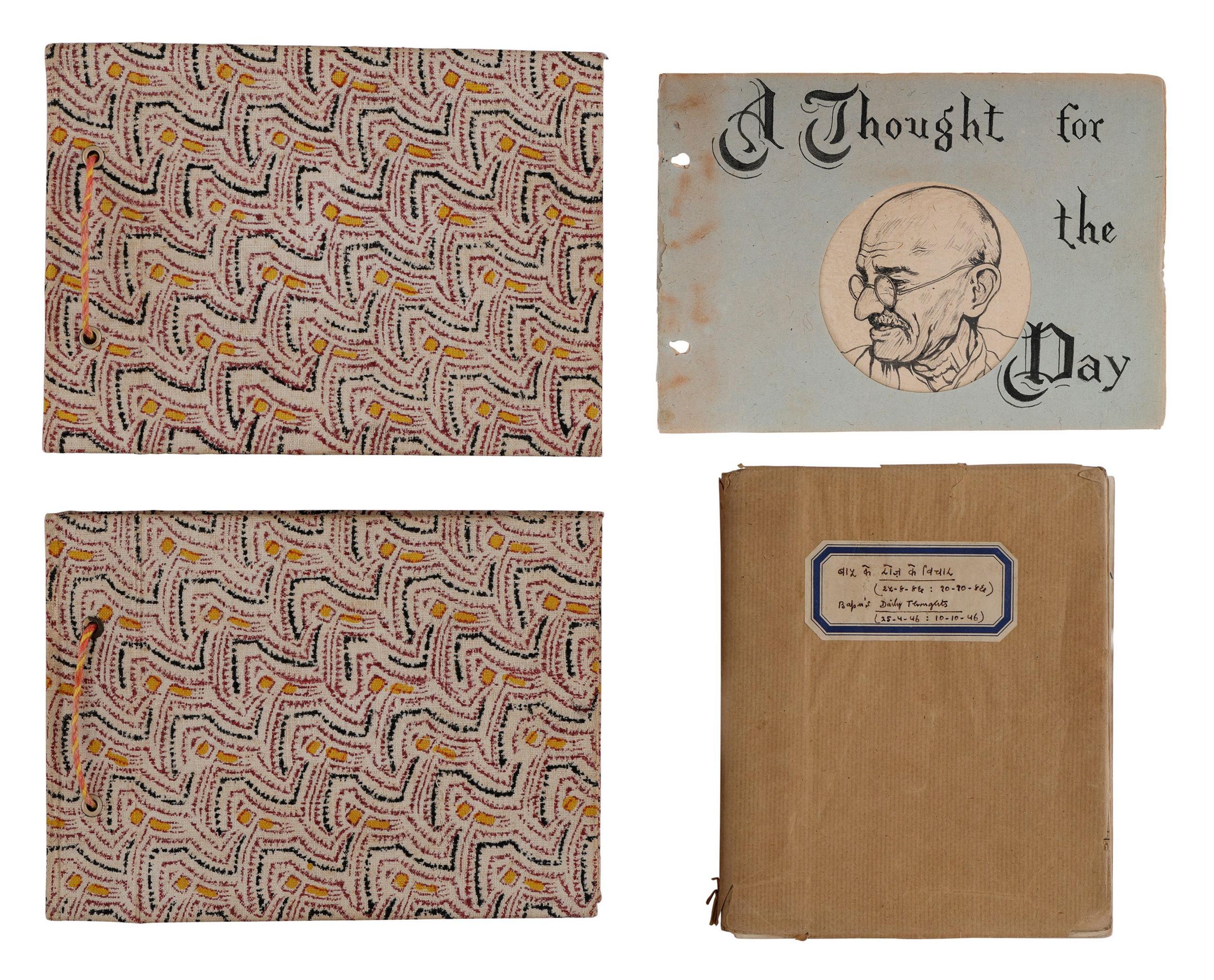 Handwritten notes by Mahatma Gandhi which has three folders and a hand drawn picture of Gandhi