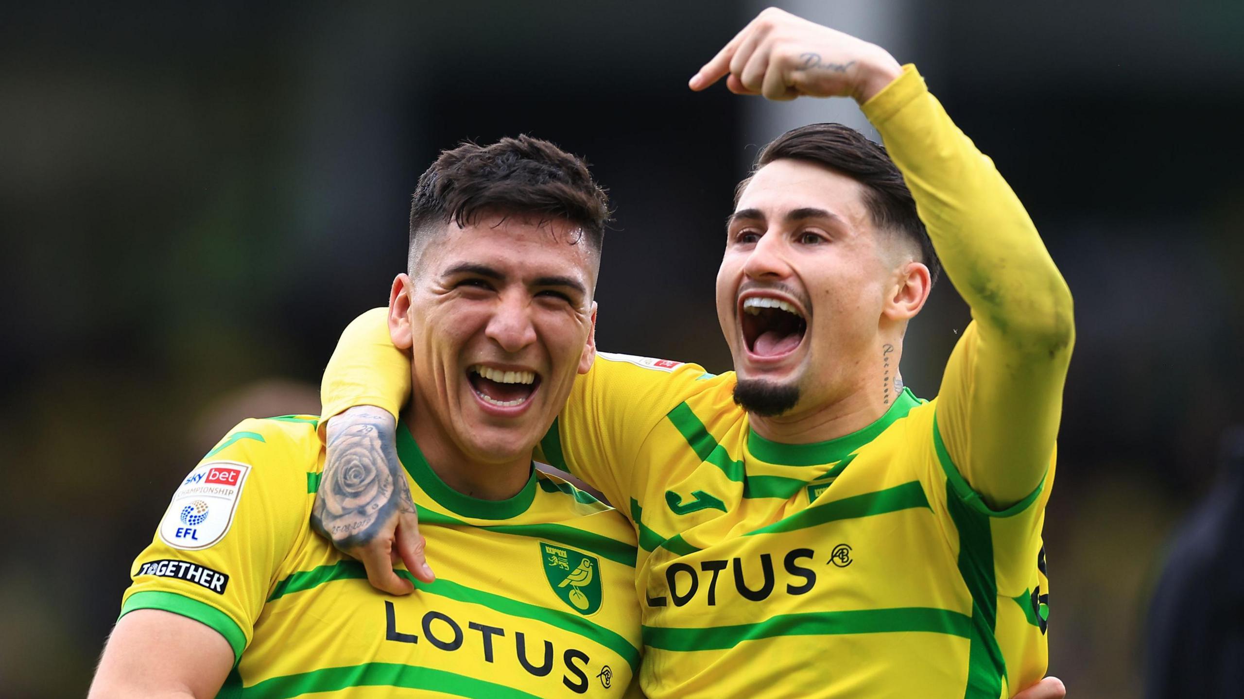 Marcelino Nunez and Borja Sainz are all smiles after the former's goal against Ipswich in April 2024