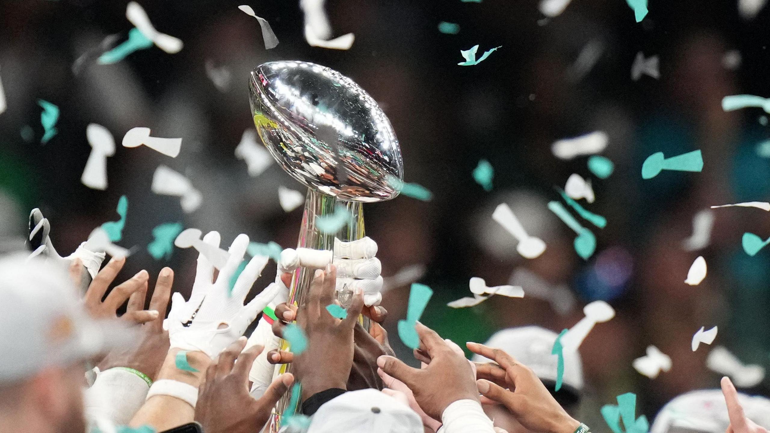 Philadelphia Eagles hoist the Vince Lombardi Trophy after defeating the Kansas City Chiefs in Super Bowl LIX at Ceasars Superdome in 2025.