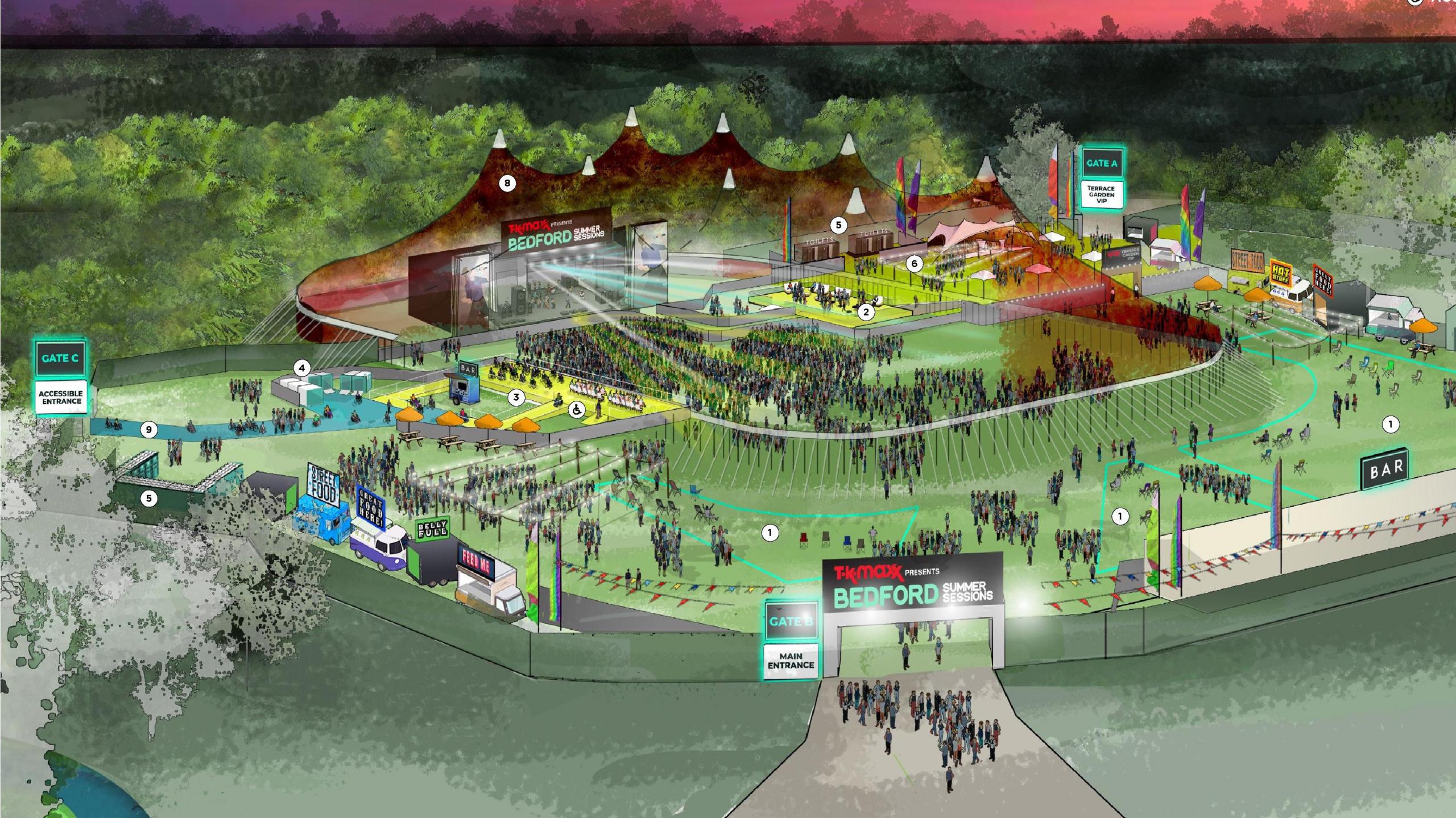 An artists impression of what Bedford Park concert looks like, with entrances and exits, people, a stage, trees and greenery