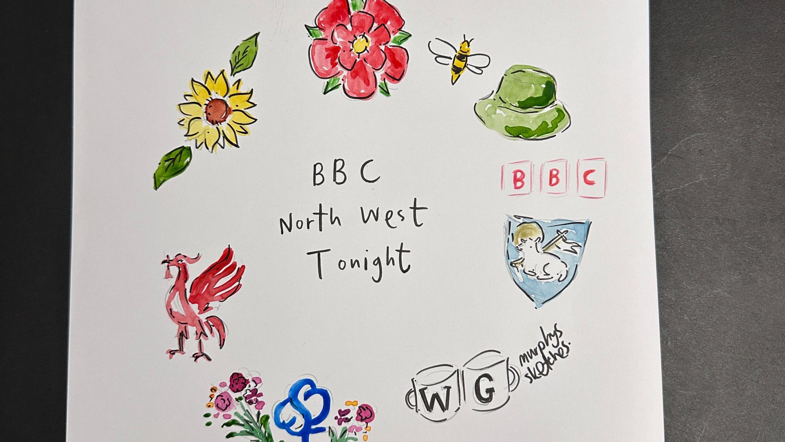 Surrounding the words "BBC North West Tonight" is a picture of a Lancashire rose, a sunflower, a liver bird, flowers representing the Southport Flower Show, Wallis and Gromit, the Preston North End logo, the Manchester bee and a bucket hat in honour of the Oasis fever this summer.
