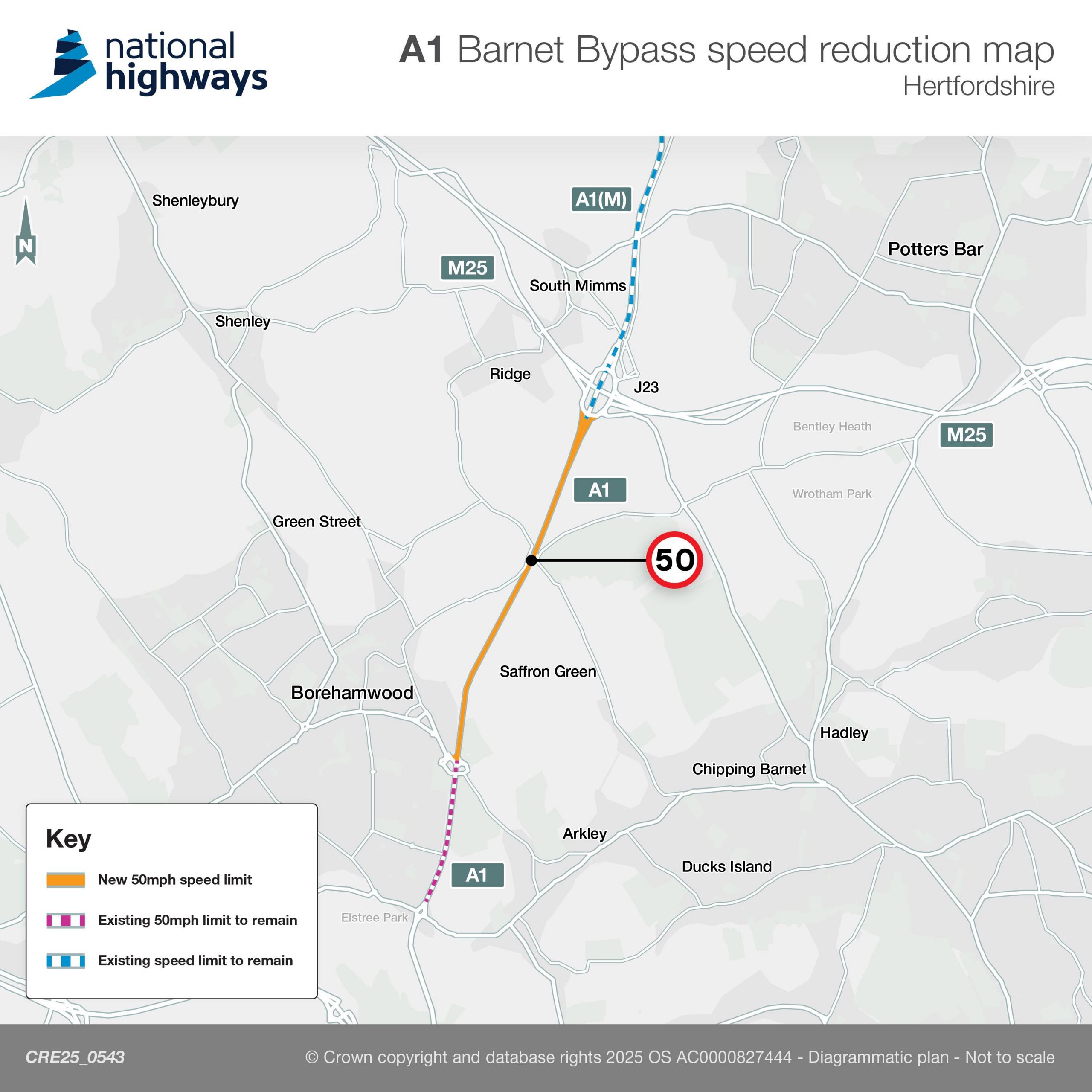 A map highlighting a stretch of road between South Mimms and Borehamwood which is to be 50mph - reduced from 70mph. The stretch is highlighted in orange, with a "50" annotation encircled in red.