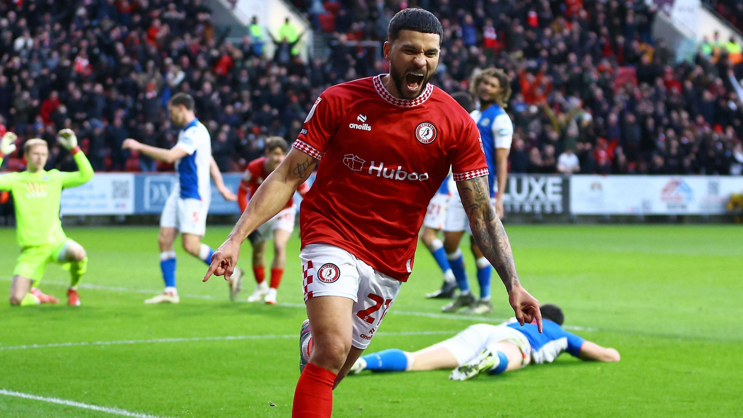 Nahki Wells celebrates after coming off the bench against Blackburn Rovers to score the winning goal. 