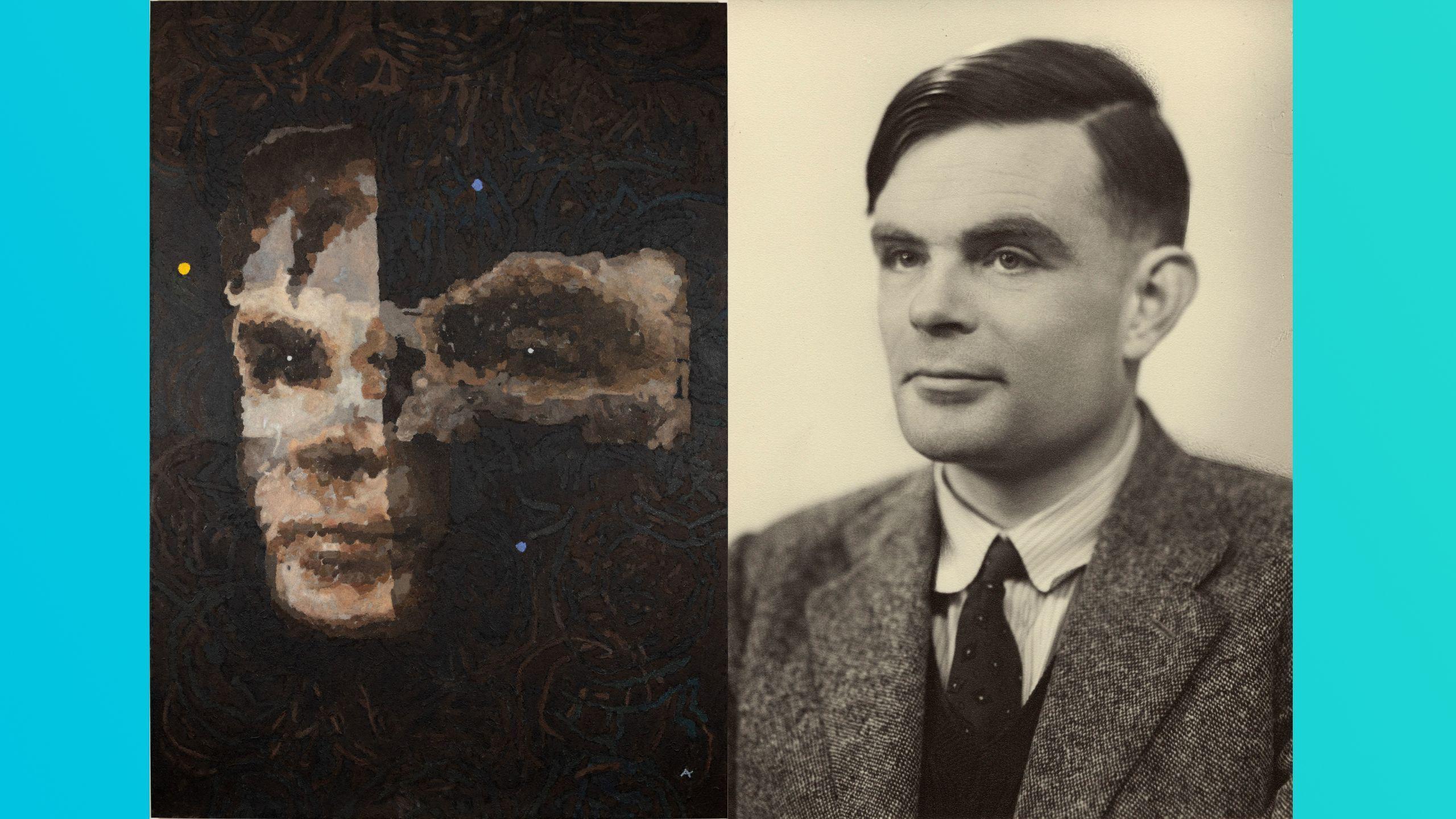 Ai Da's painting (left) is an impressionist version of the photograph (right) of Alan Turing in 1951. 