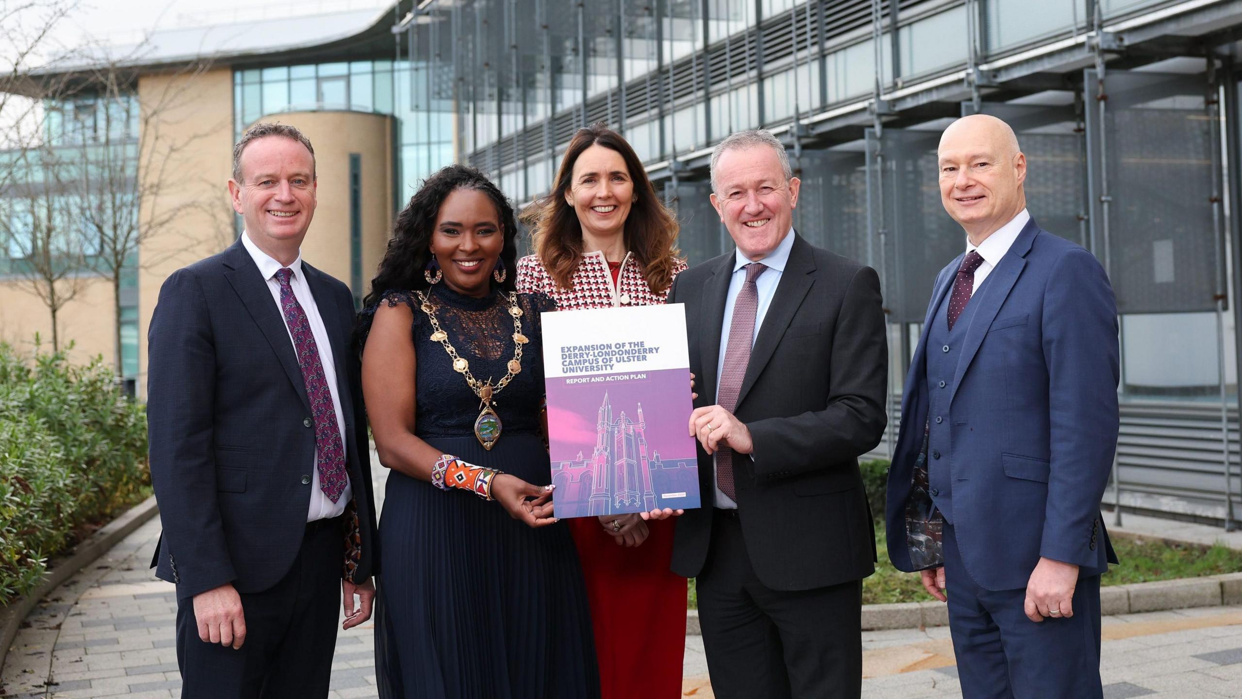 At Ulster University's Derry~Londonderry campus at the launch of the Magee Expansion Taskforce's final report and Action Plan are (l-r) Stephen Kelly, Chair of the Magee Taskforce; Cllr Lilian Seenoi Barr, Mayor of Derry City and Strabane District Council; Nicola Skelly, Vice Chair of the Magee Taskforce; Economy Minister Conor Murphy; and Professor Paul Bartholomew, Vice-Chancellor of Ulster University.