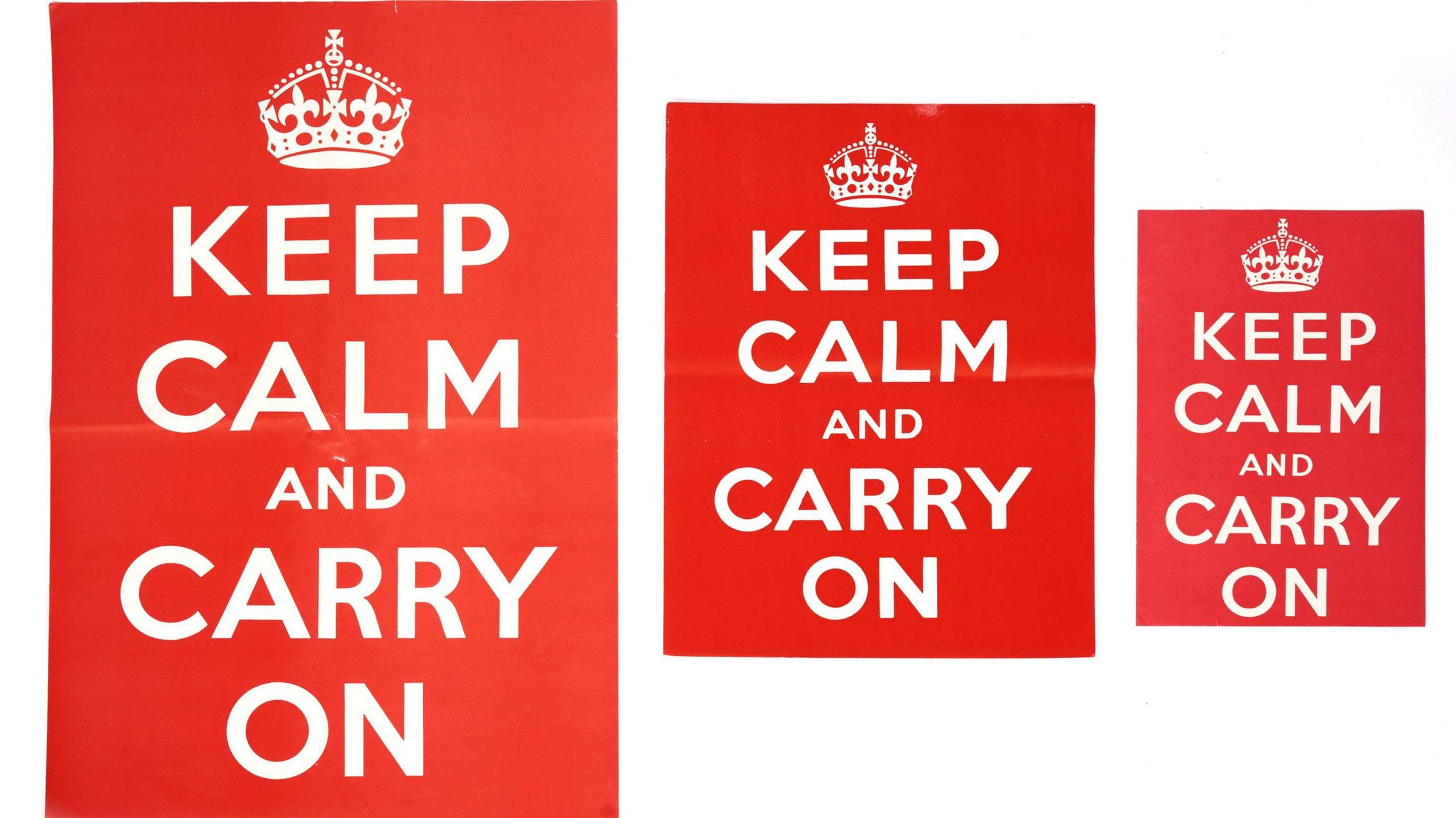 Three posters with the words Keep Calm and Carry on in different sizes from large to small