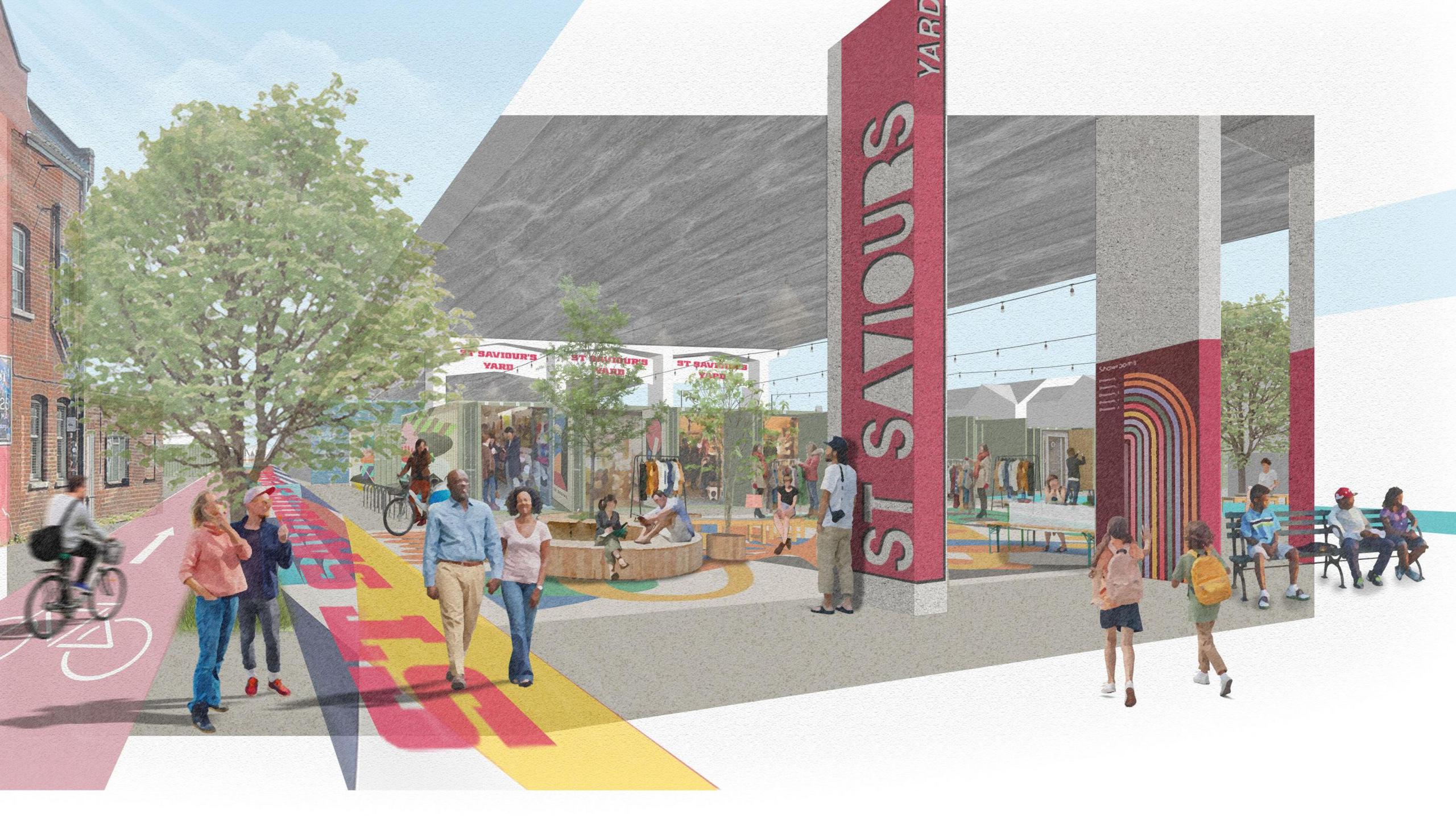We can see an artist's impression of how part of the box park would look. There are some seating areas with a pillar of a road flyover labelled "St Saviours".