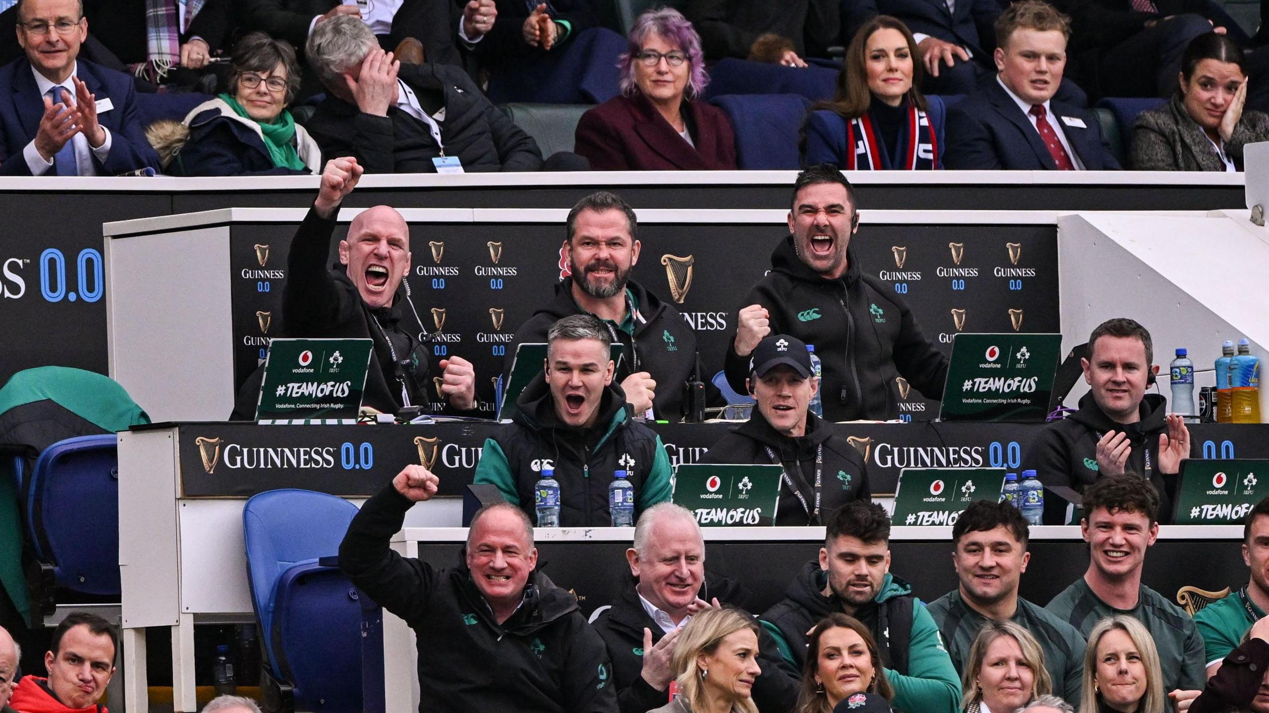 Andy Farrell and his coaches celebrate a try during Ireland's win over England