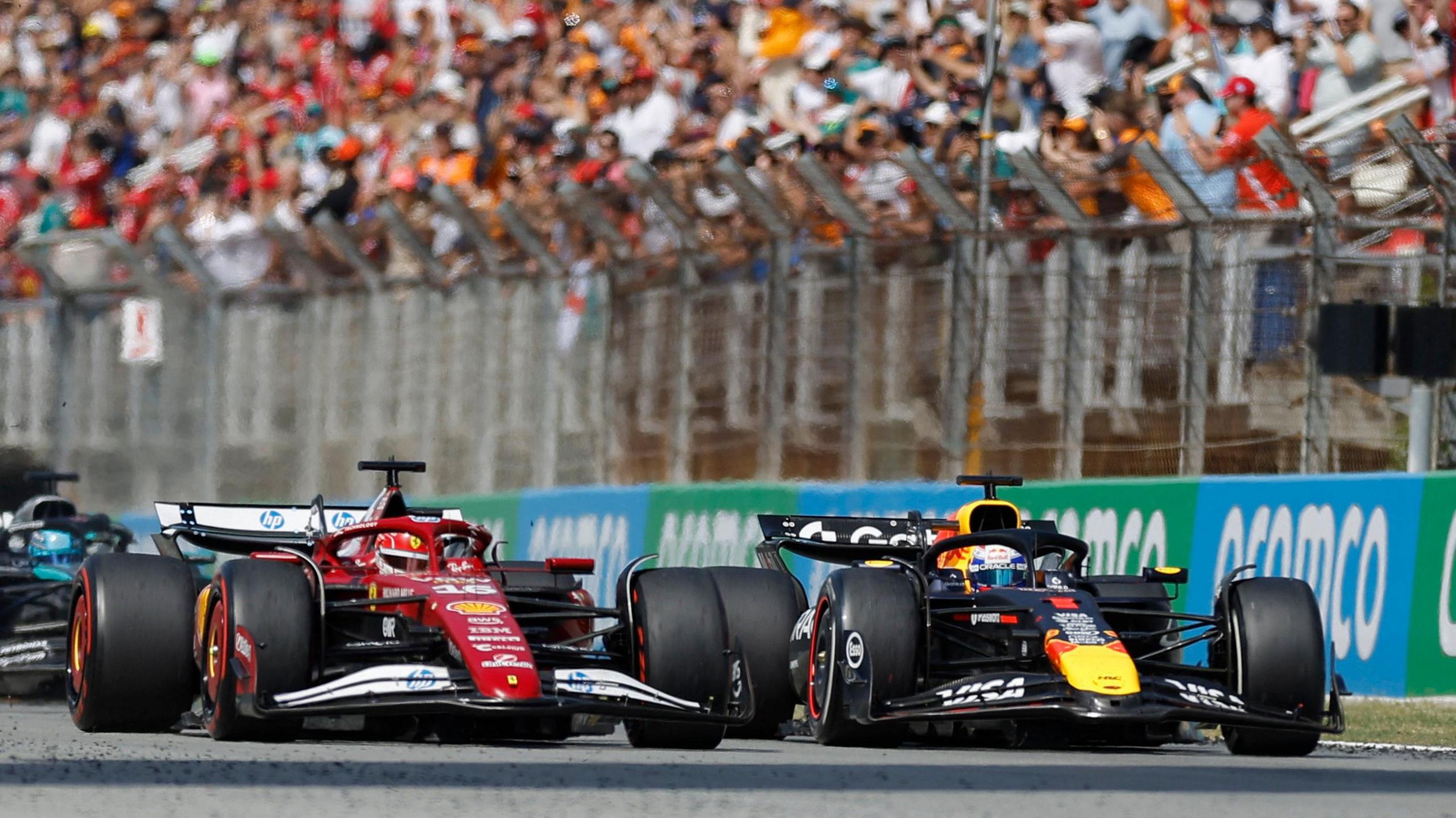 Charles Leclerc and Max Verstappen alongside each other during the Spanish Grand Prix