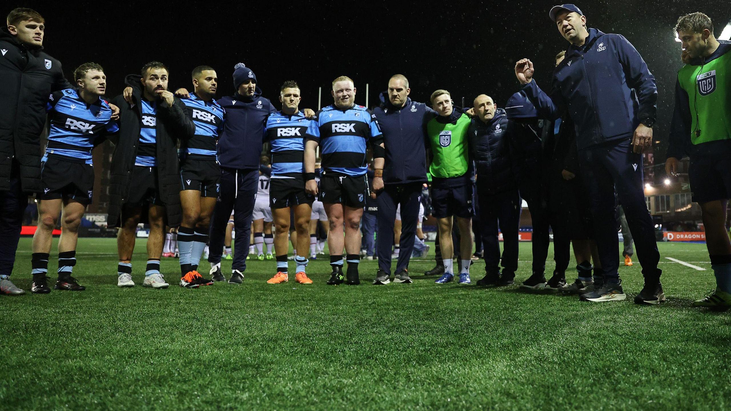 Corniel Van Zyl addresses the Cardiff squad after their win against Edinburgh