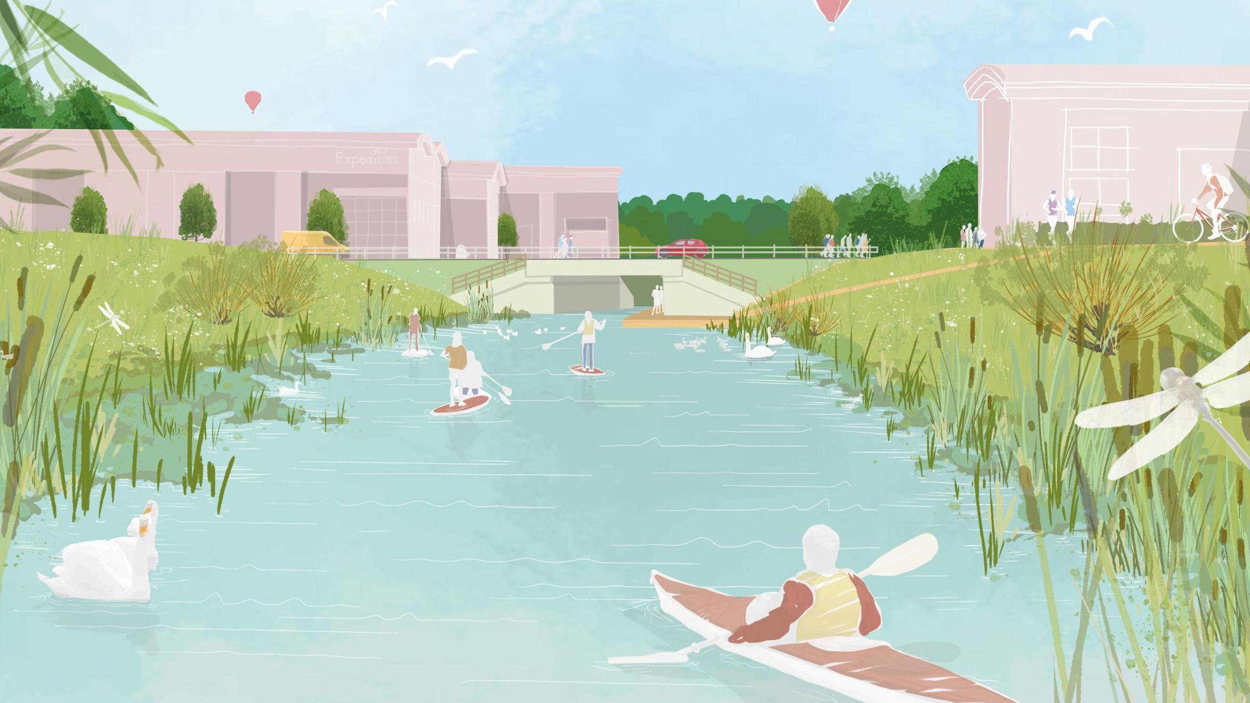 An artists image of what a new waterway link way could look like by Wootton, Bedfordshire. It shows people paddling on a canal of water, greenery on the banks, wildlife and large buildings and a bridge in the background.