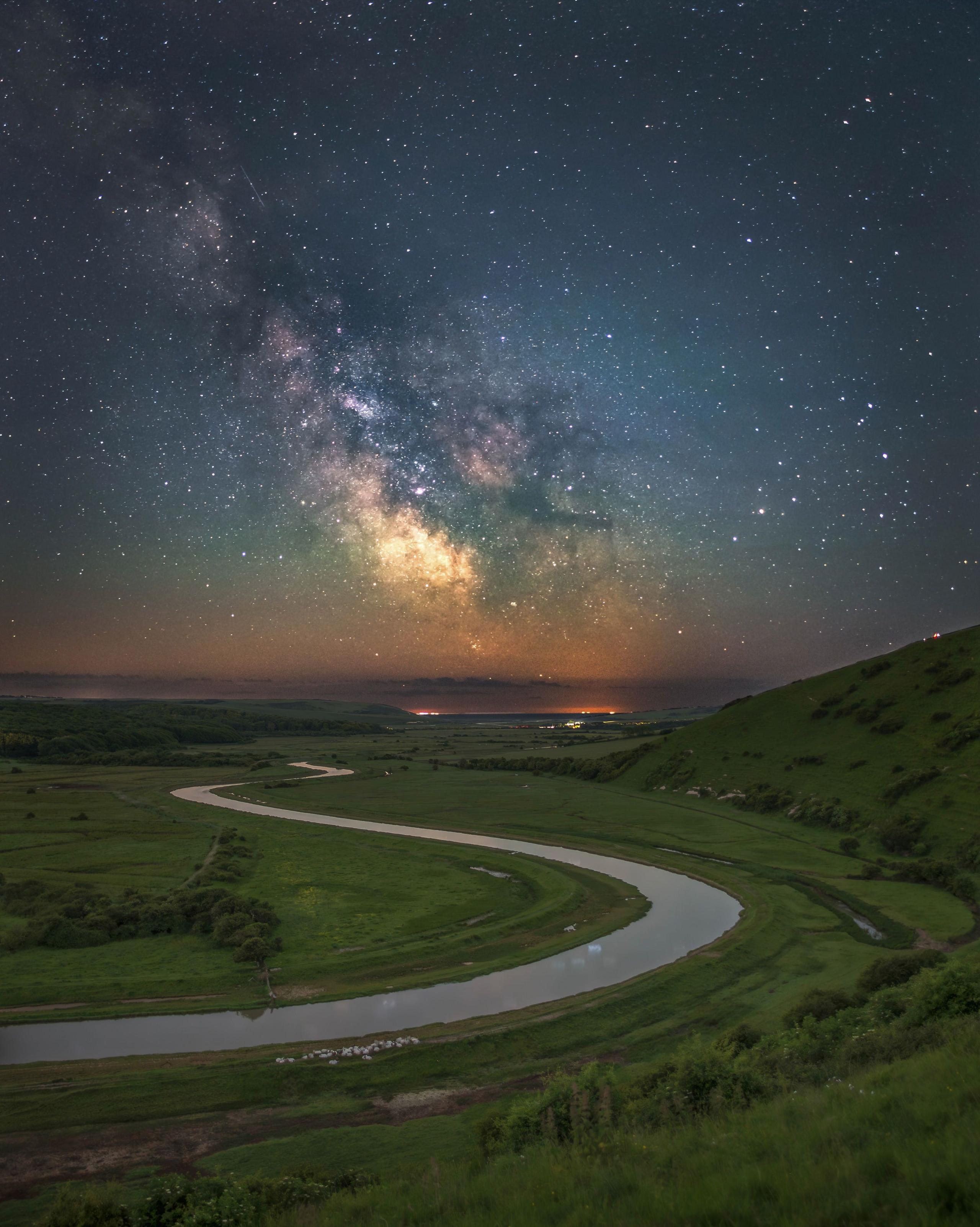 South Downs national park at night - a road and a starry sky.