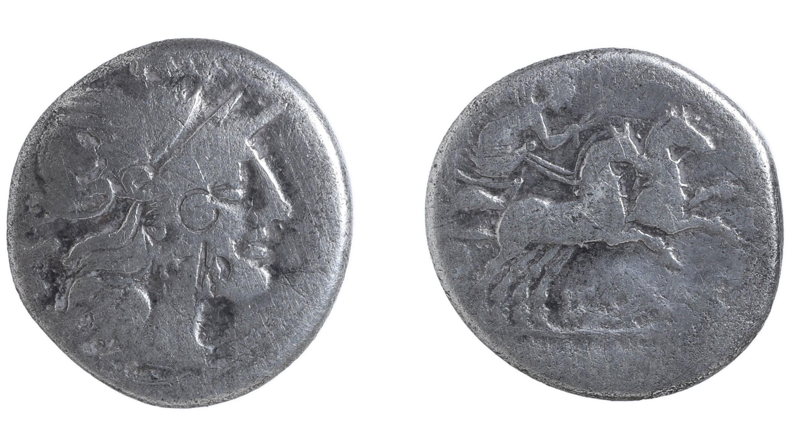 Two views of a worn silver 2nd Century denarius. On the left it depicts a helmeted bust of Roma, on the right it shows Victory driving a chariot drawn by two horses