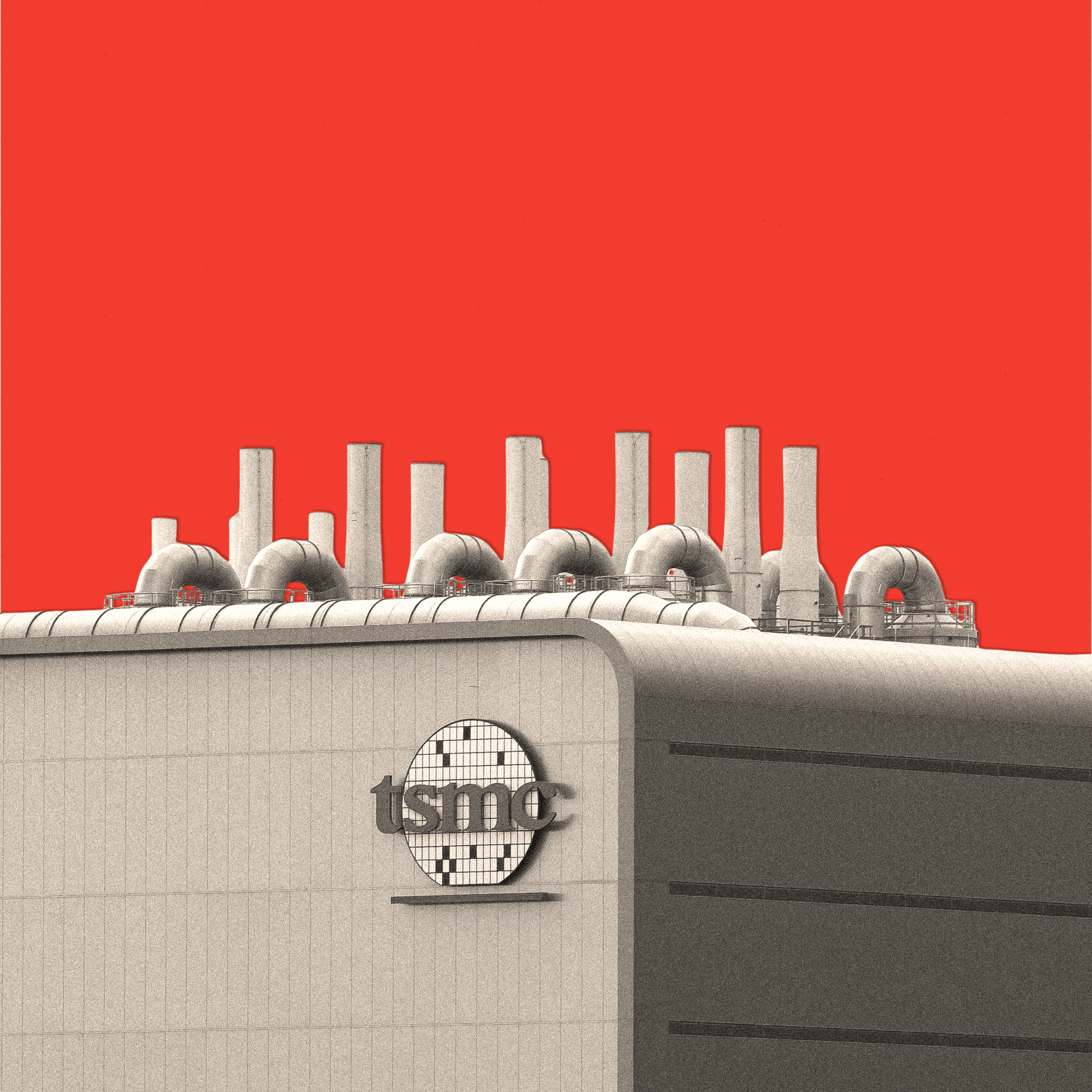 A treated image of a TSMC factory, set against a red background