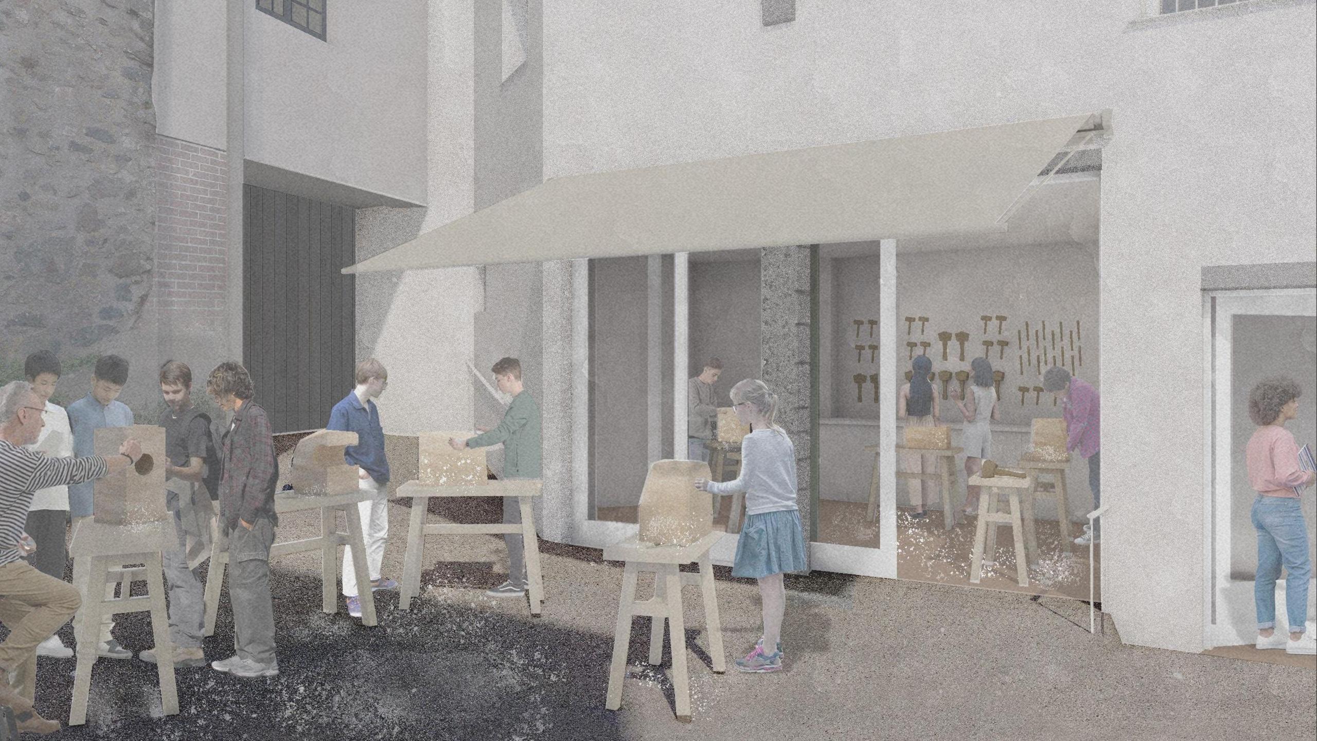 An architect's drawing of a workshop taking place in the new creative studio and yard of the Palais de Danse