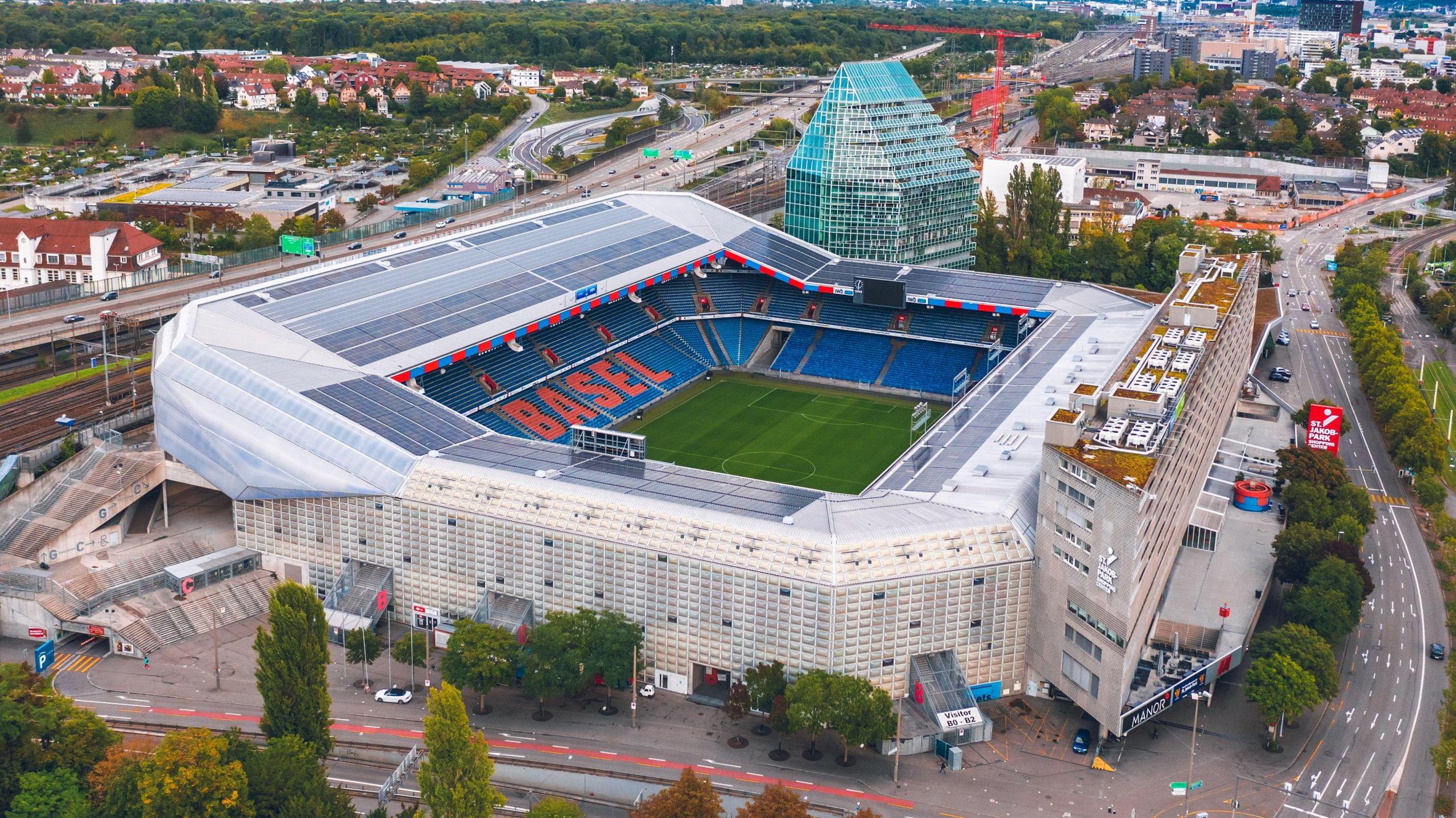 An aerial photo of the football stadium, St. Jakob-Park in Basel, which is home to the Swiss football team, FC Basel.