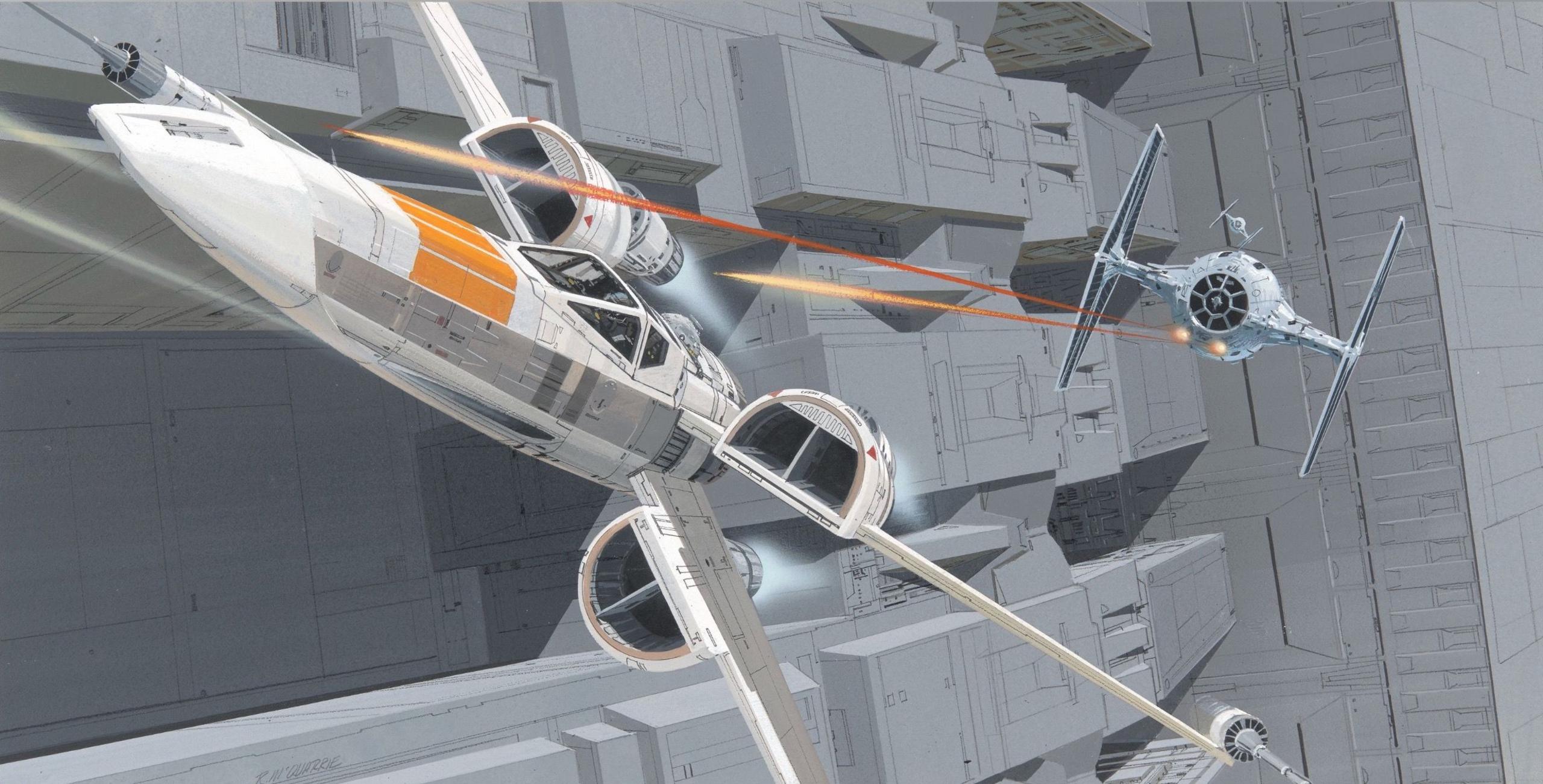 The illustrated image shows a Tie-fighter from Star Wars chasing an x-wing starfighter while shooting lasers at it.