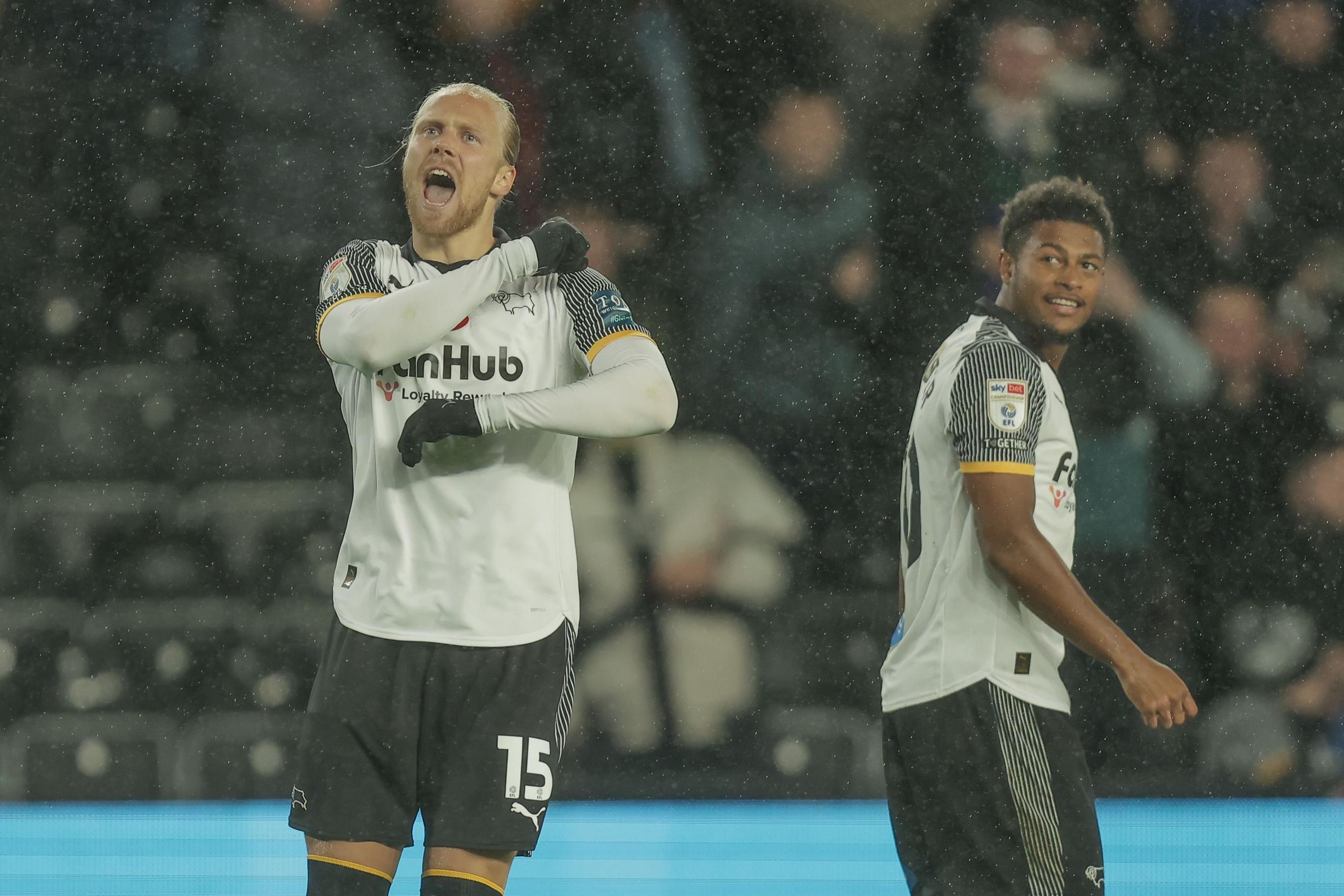 Derby County's Lars-Jorgen Salvesen celebrates his winning goal against Hull City
