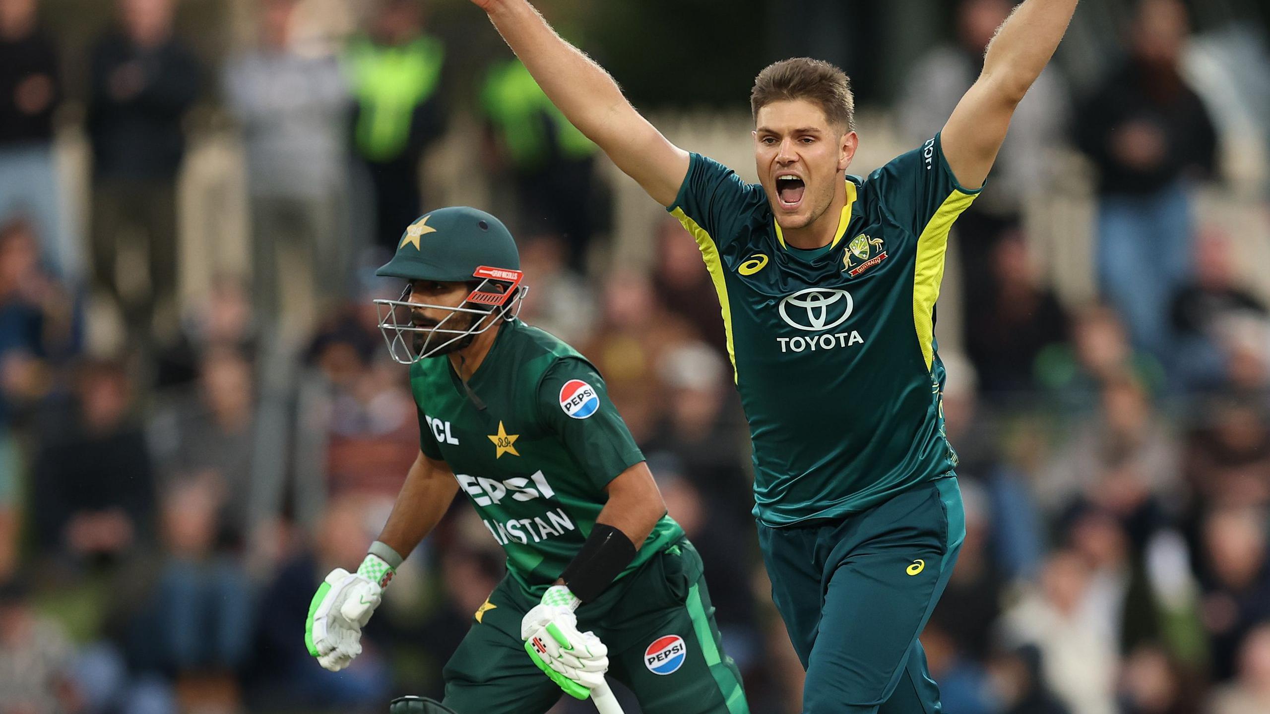 Australia's Aaron Hardie celebrates a wicket against Pakistan in 2024