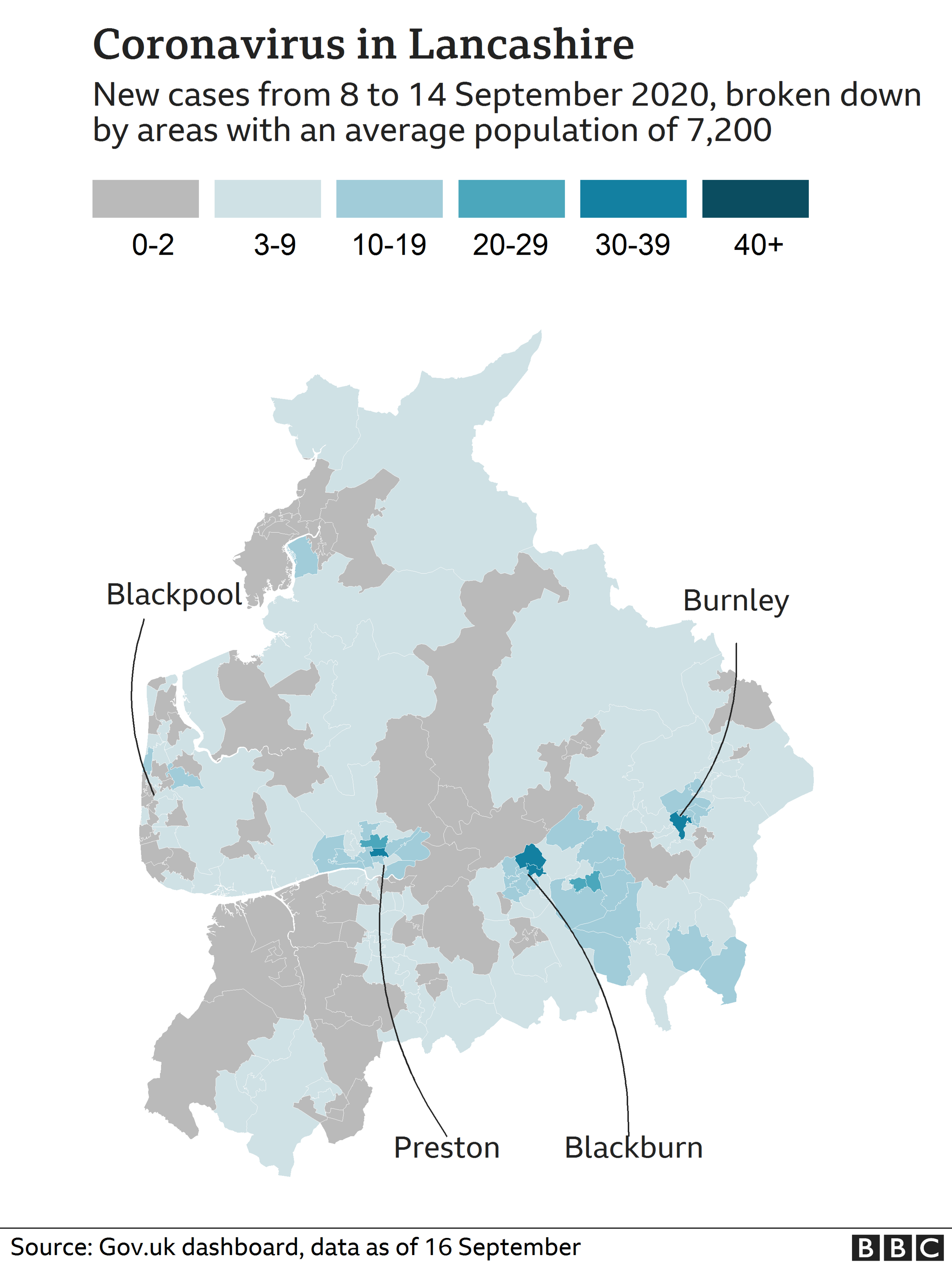 Map showing coronavirus cases in Lancashire