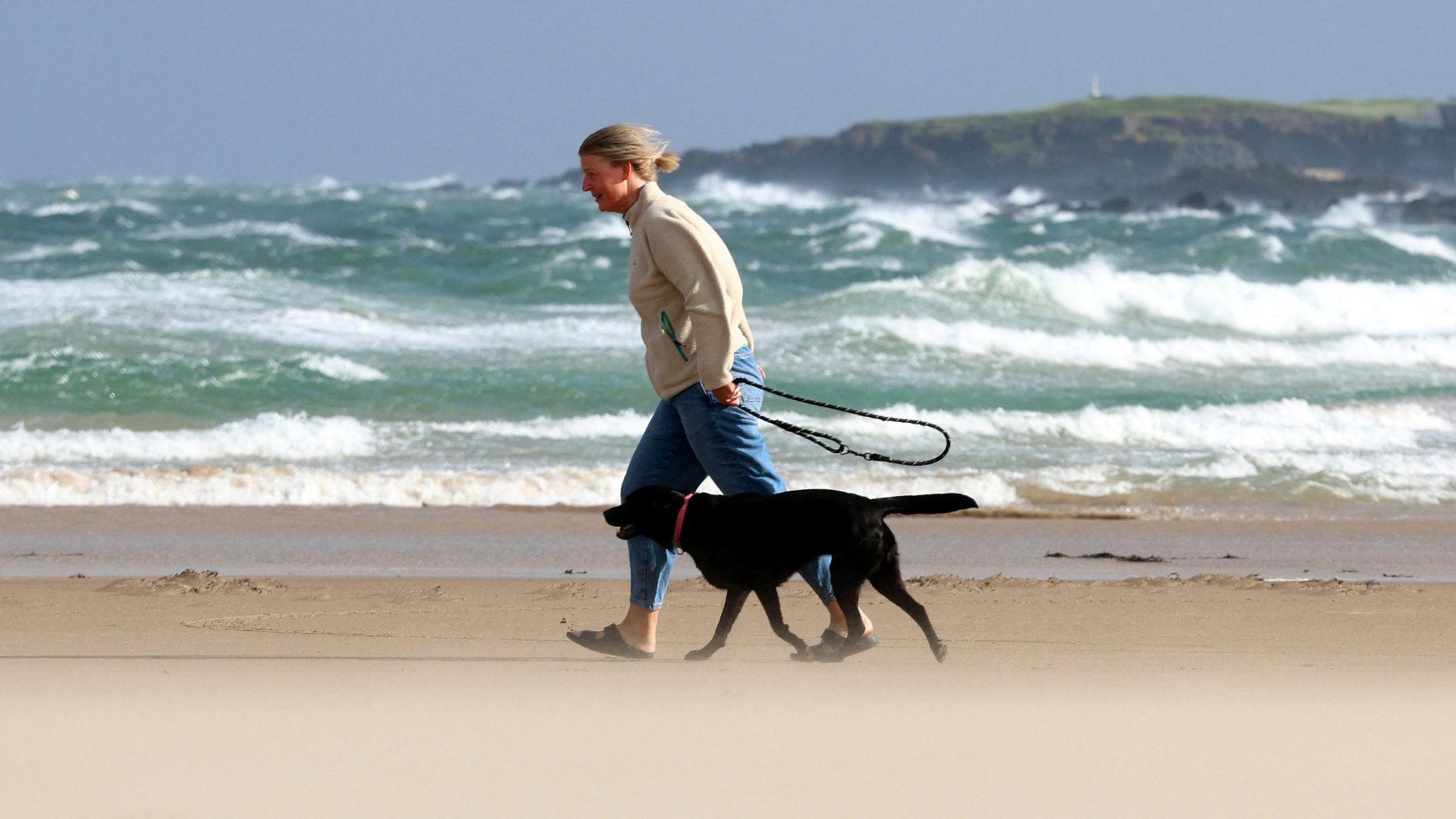 A person walks their dog during Storm Floris on the north coast of Northern Ireland, Portstewart.