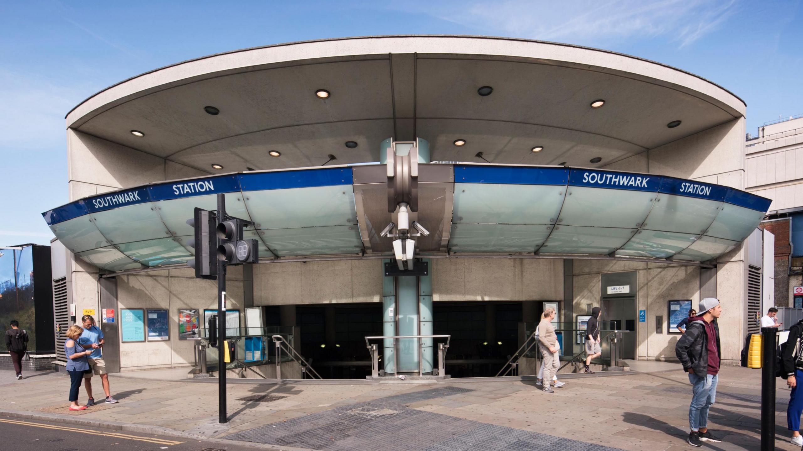 An exterior view of the station, which has a rounded frontage.