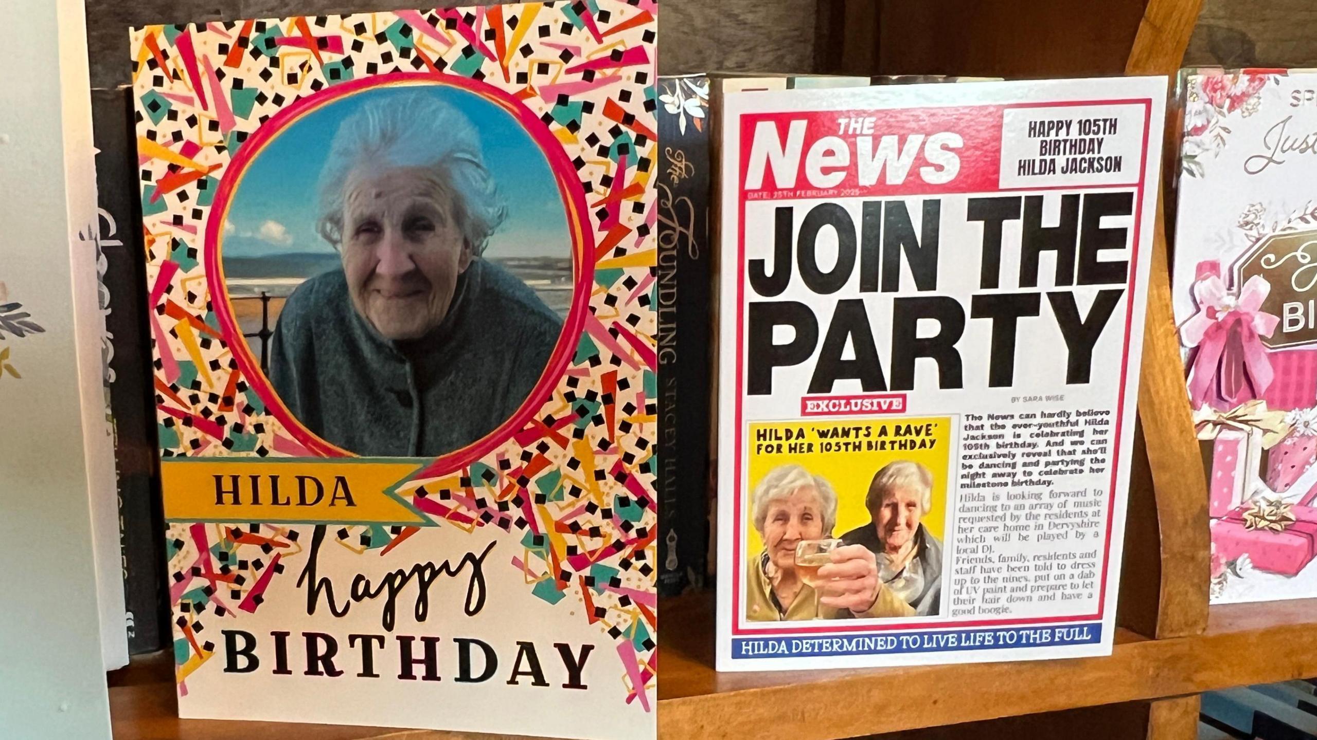 Birthday cards with pictures of Hilda Jackson on the cards, with one in the form of a front news page saying 'Join the Party' for her 105th birthday rave in Derbyshire