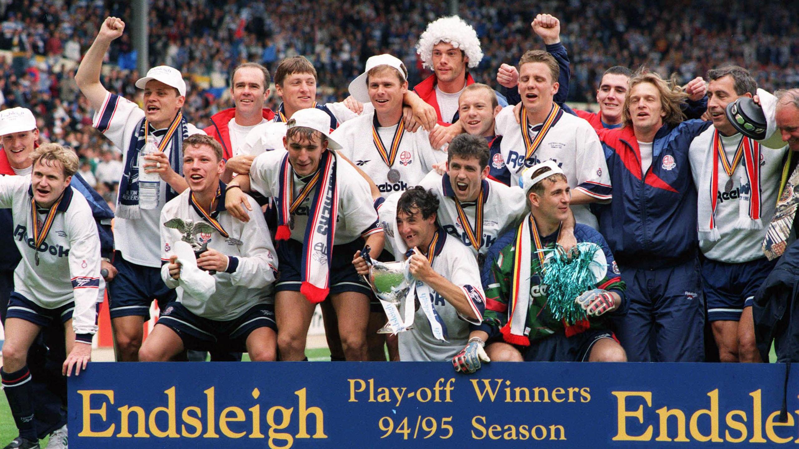 Bolton celebrate their play-off final win over Reading at Wembley in 1995