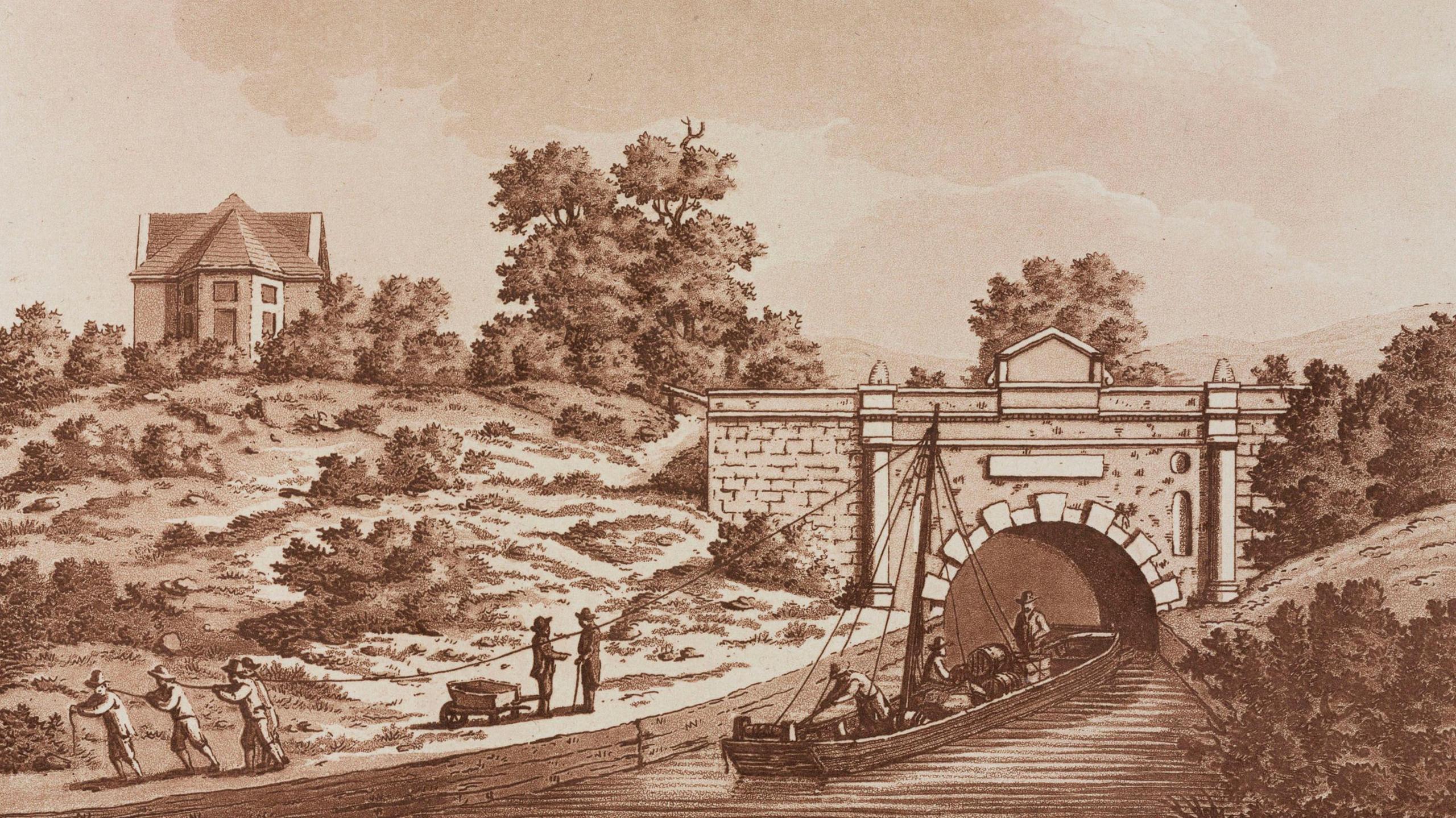 A historical sepia-toned print, illustrating a barge about to enter the tunnel on the Thames and Severn Canal at Sapperton Hill, Gloucestershire. In the distance, the old Tunnel House sits at the top of a hill. Men stand on the bank, pulling rope or talking to each other.