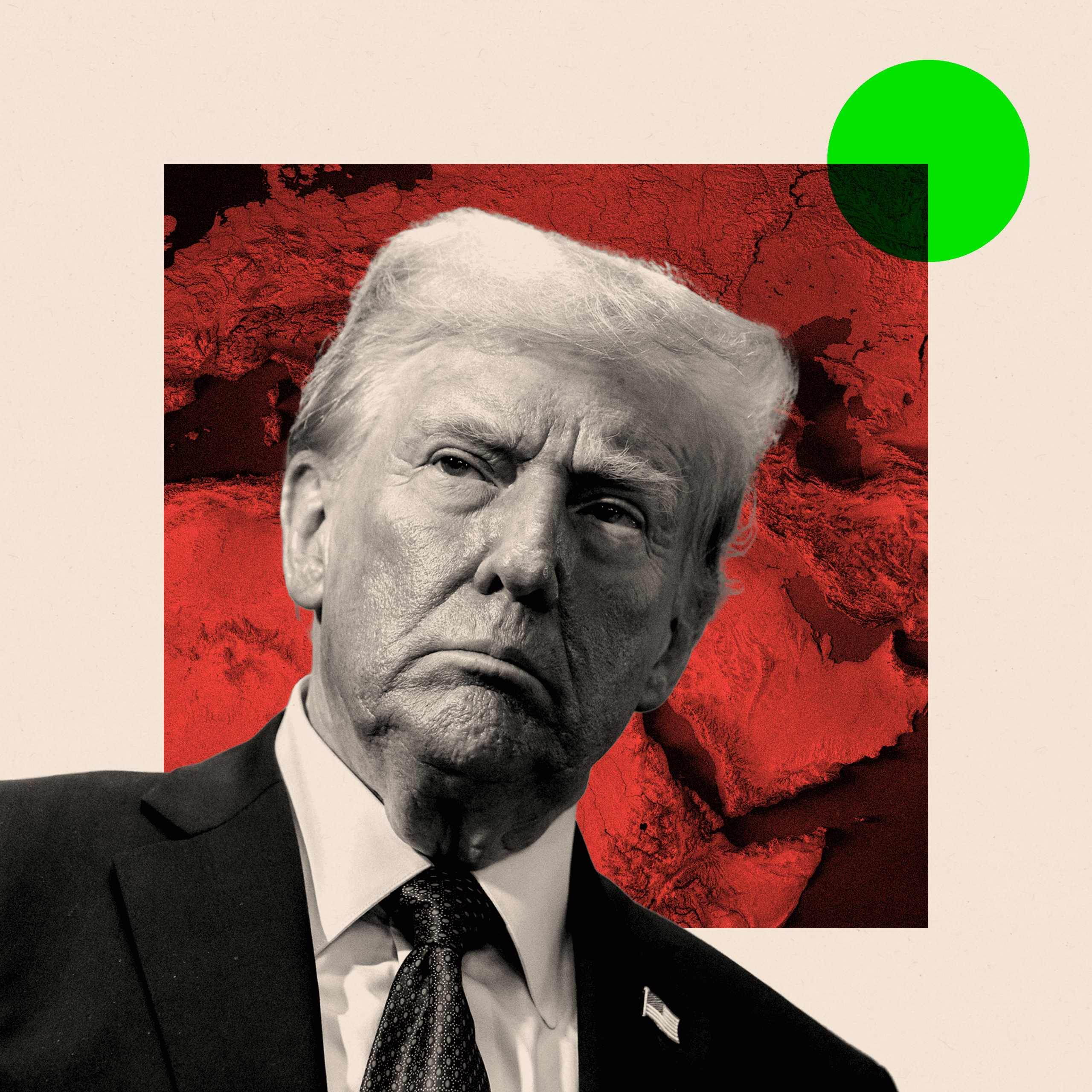 A montage image: Includes black and white image of Trump and a red map