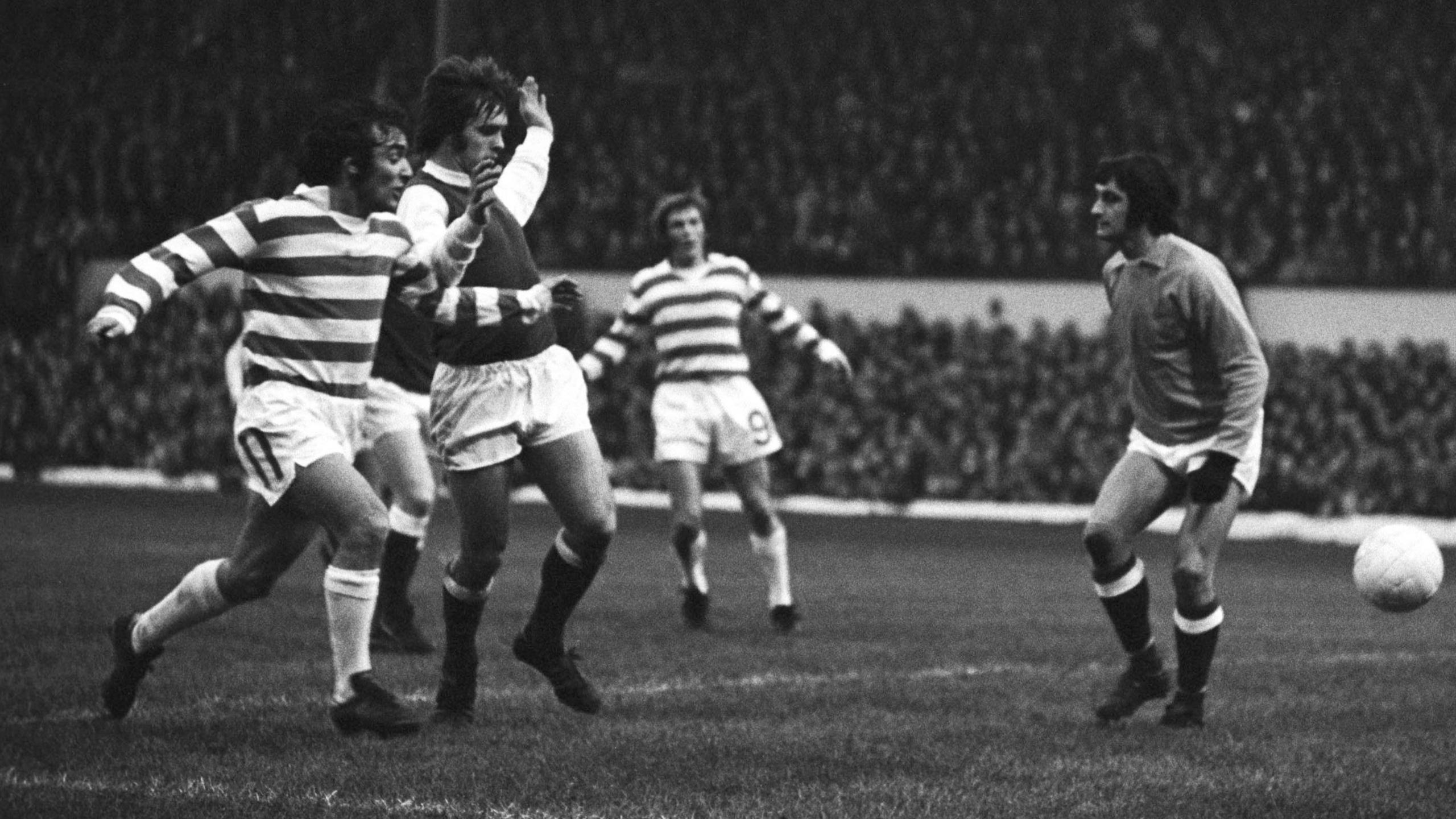 Celtic's Lou Macari, Hibs' Pat Stanton and Jim Herriot
